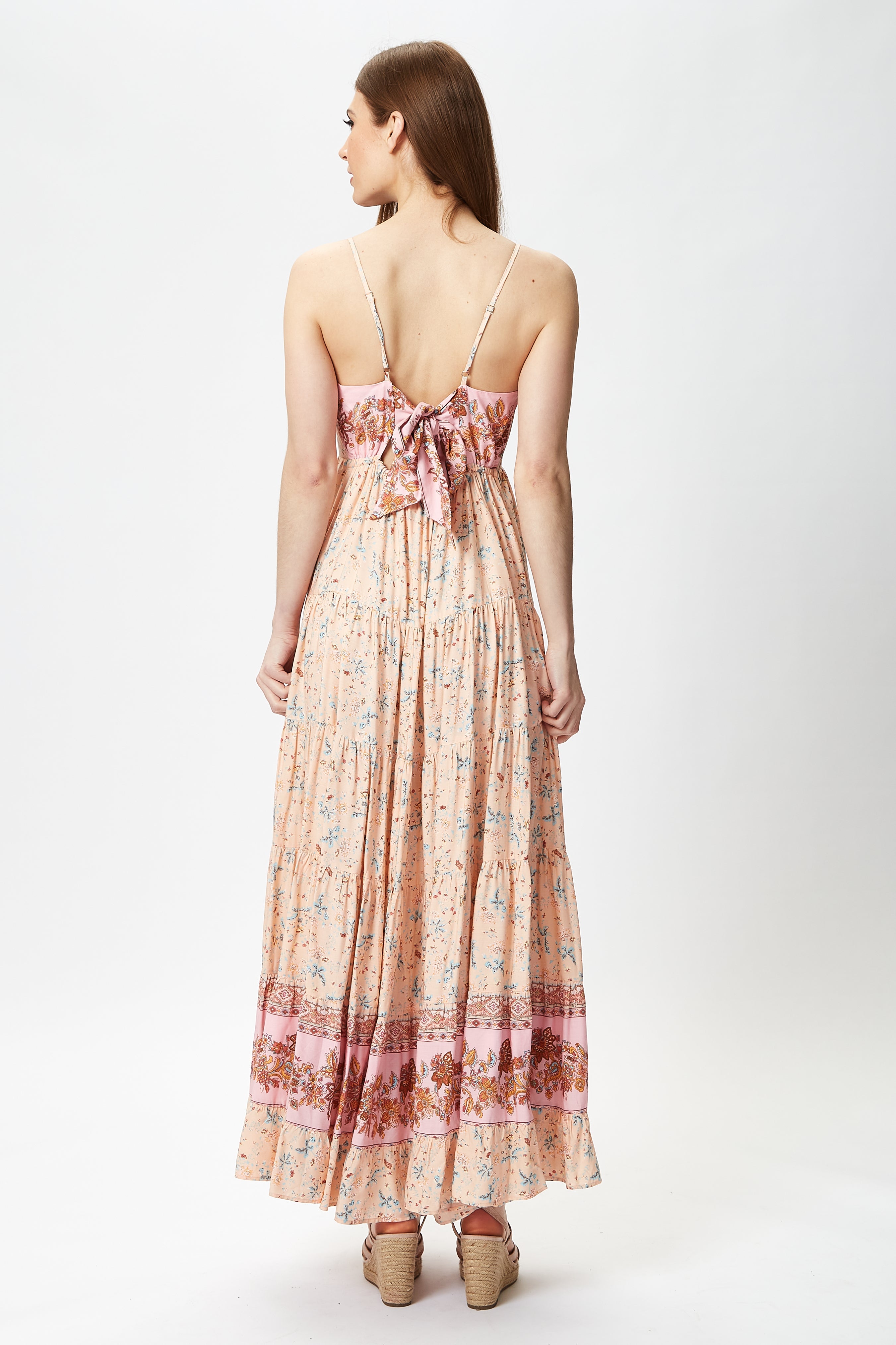 Women's Maxi Dress in Nude Floral Print with Sleeveless Design and Tie Back Detail - Liquorish