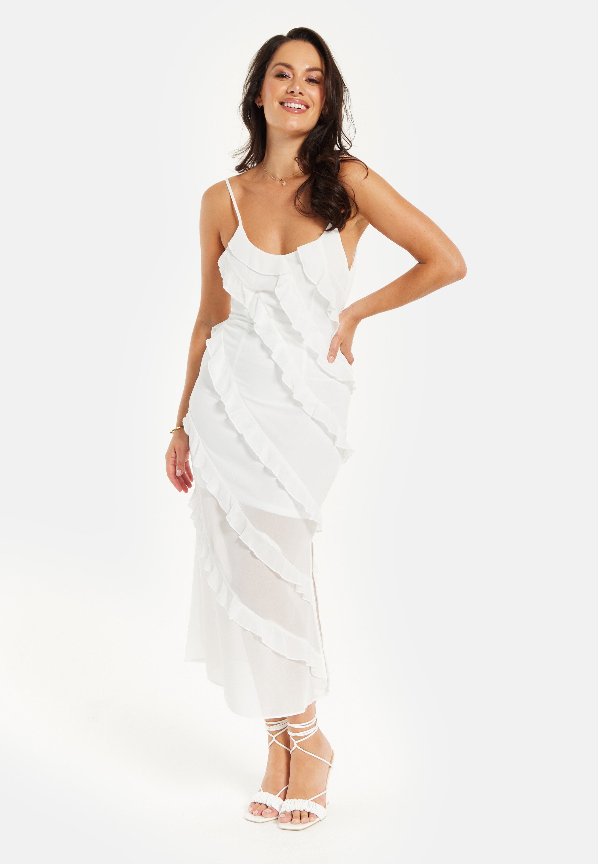 Women's Midi Dress with Adjustable Sleeves in White - Elegant Frill Design by Liquorish