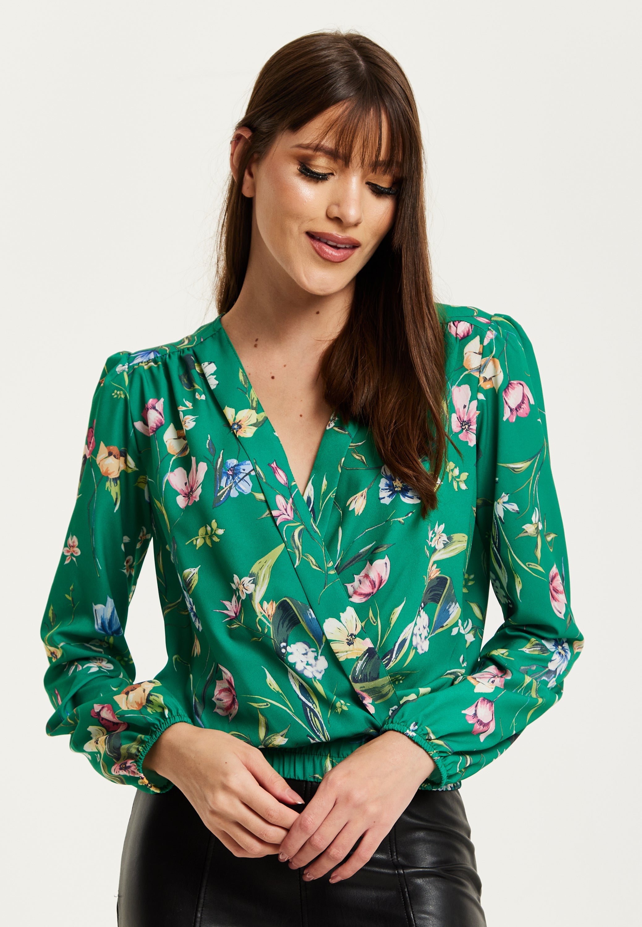 Women's Green Floral Print Long Sleeve Wrap Top with Crossover V Neck and Elasticated Waist