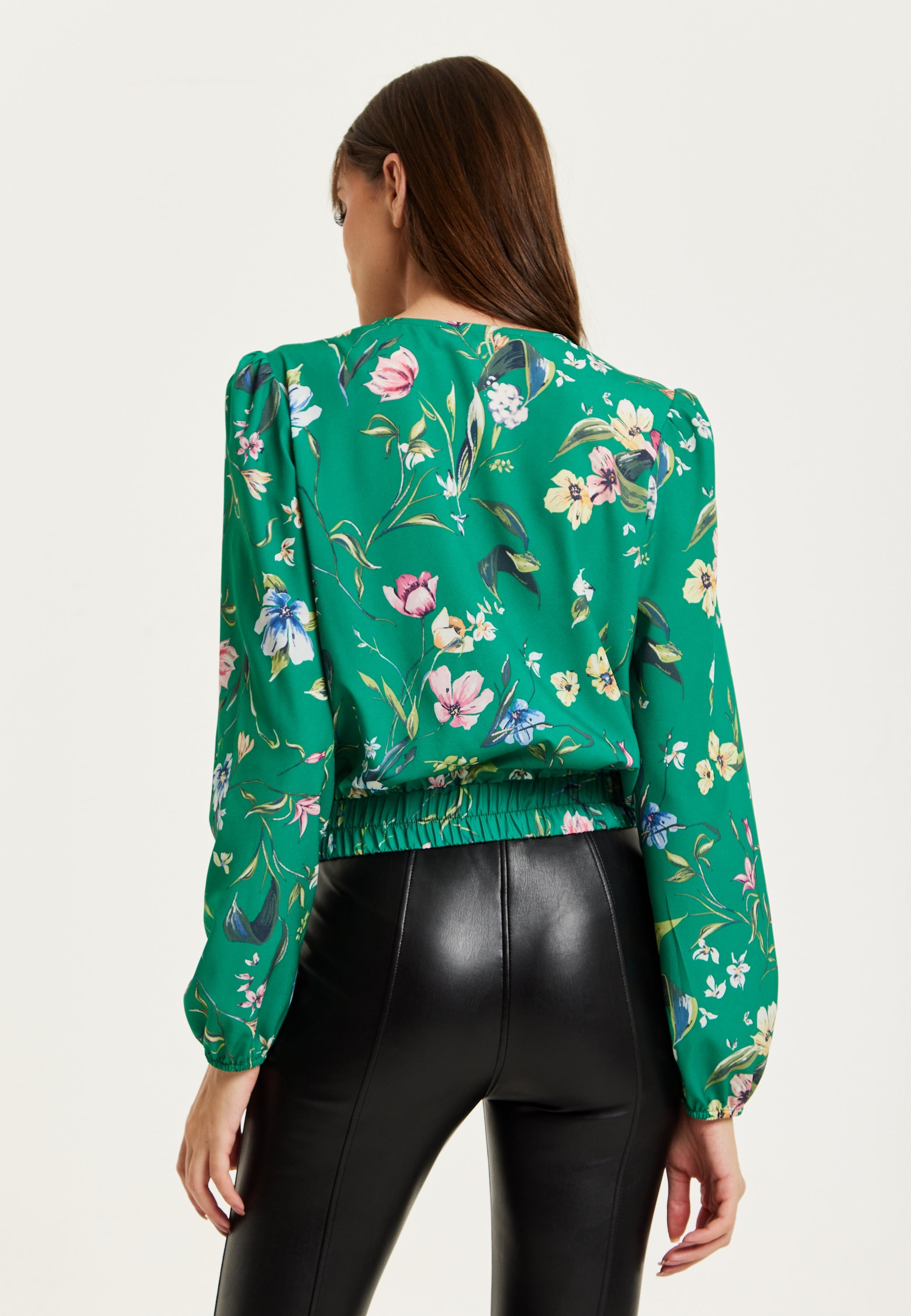 Women's Green Floral Print Long Sleeve Wrap Top with Crossover V Neck and Elasticated Waist