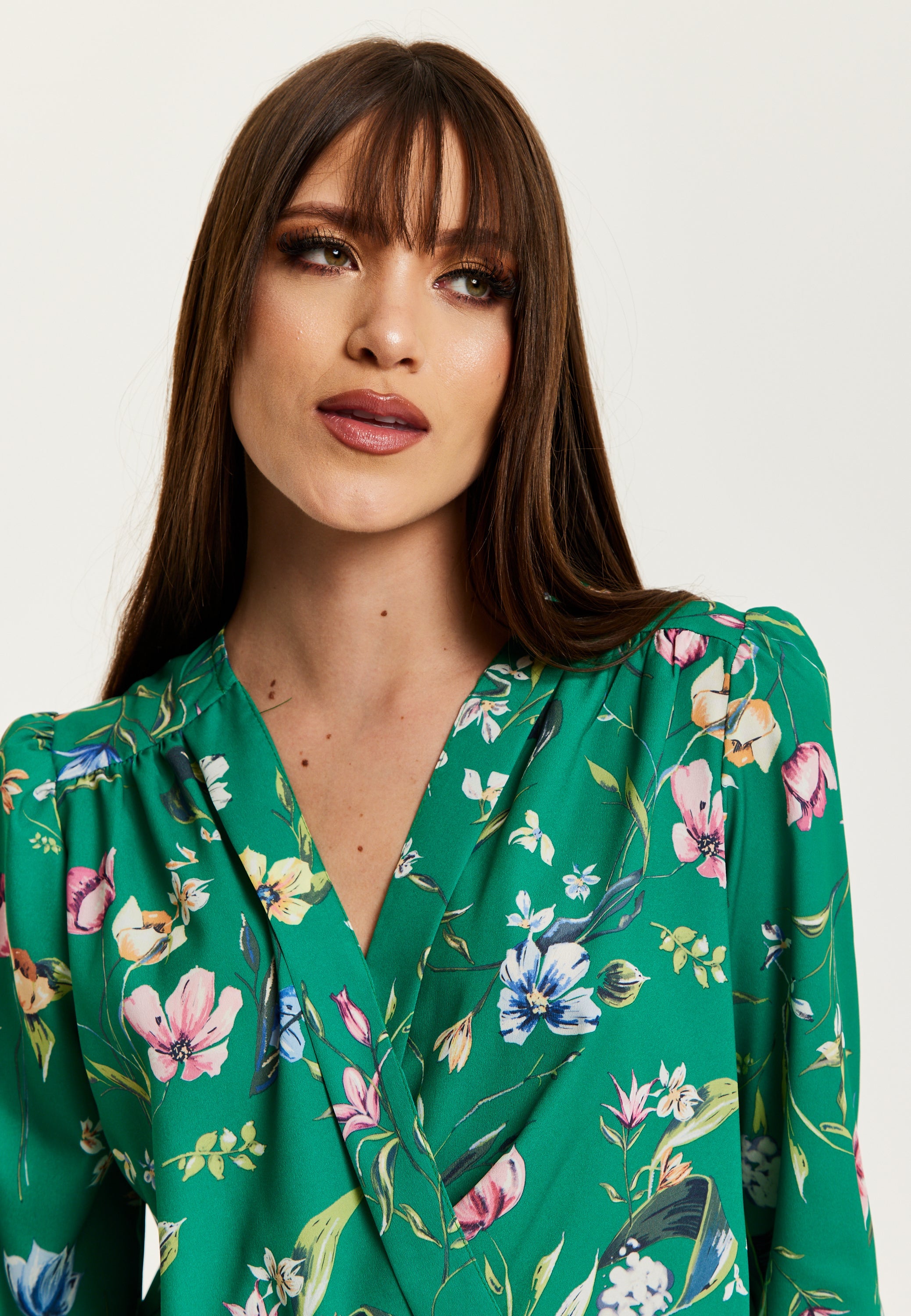 Women's Green Floral Print Long Sleeve Wrap Top with Crossover V Neck and Elasticated Waist