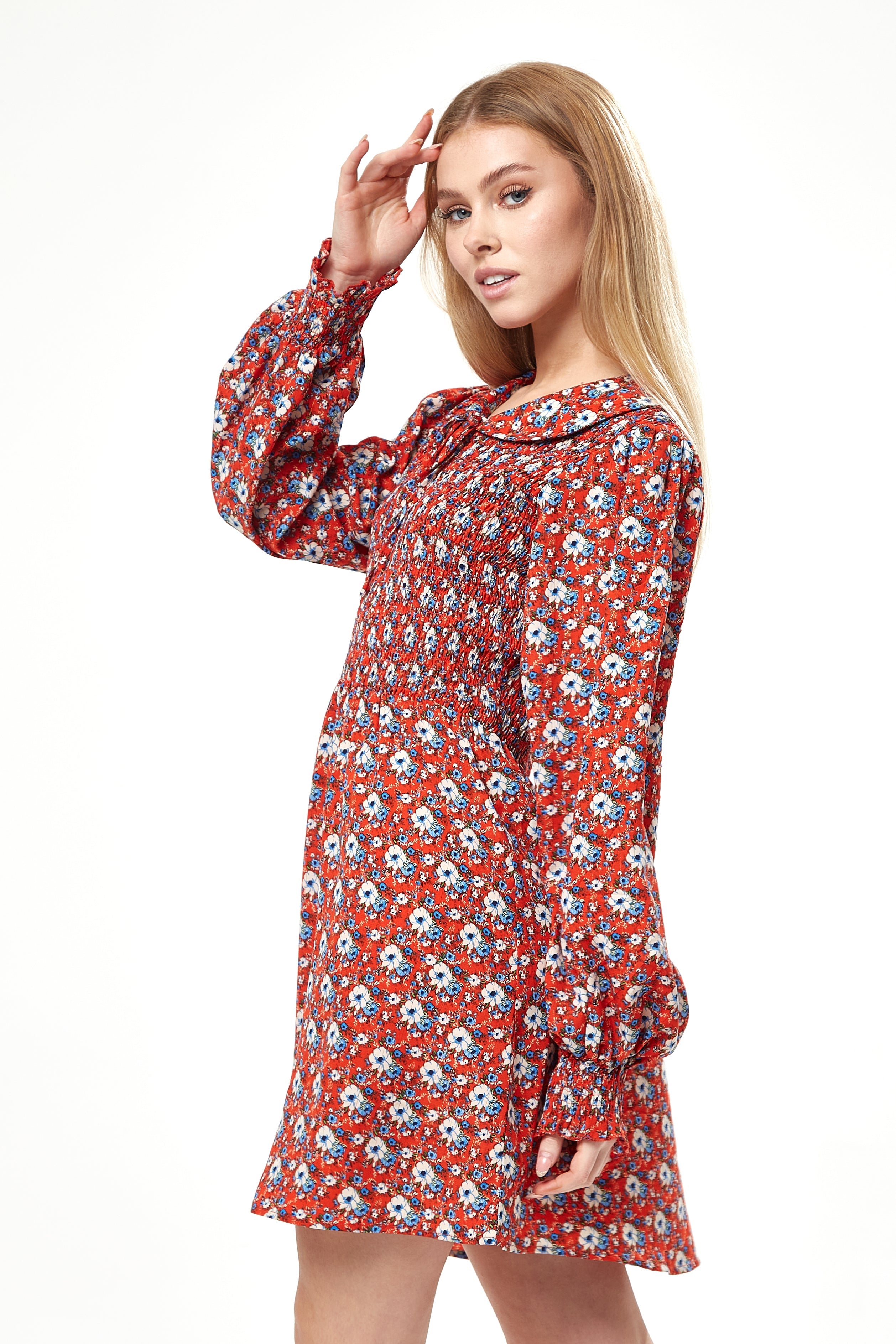 Women's Mini Dress in Red with Balloon Sleeves and Peter Pan Collar - Charming Floral Print by Liquorish