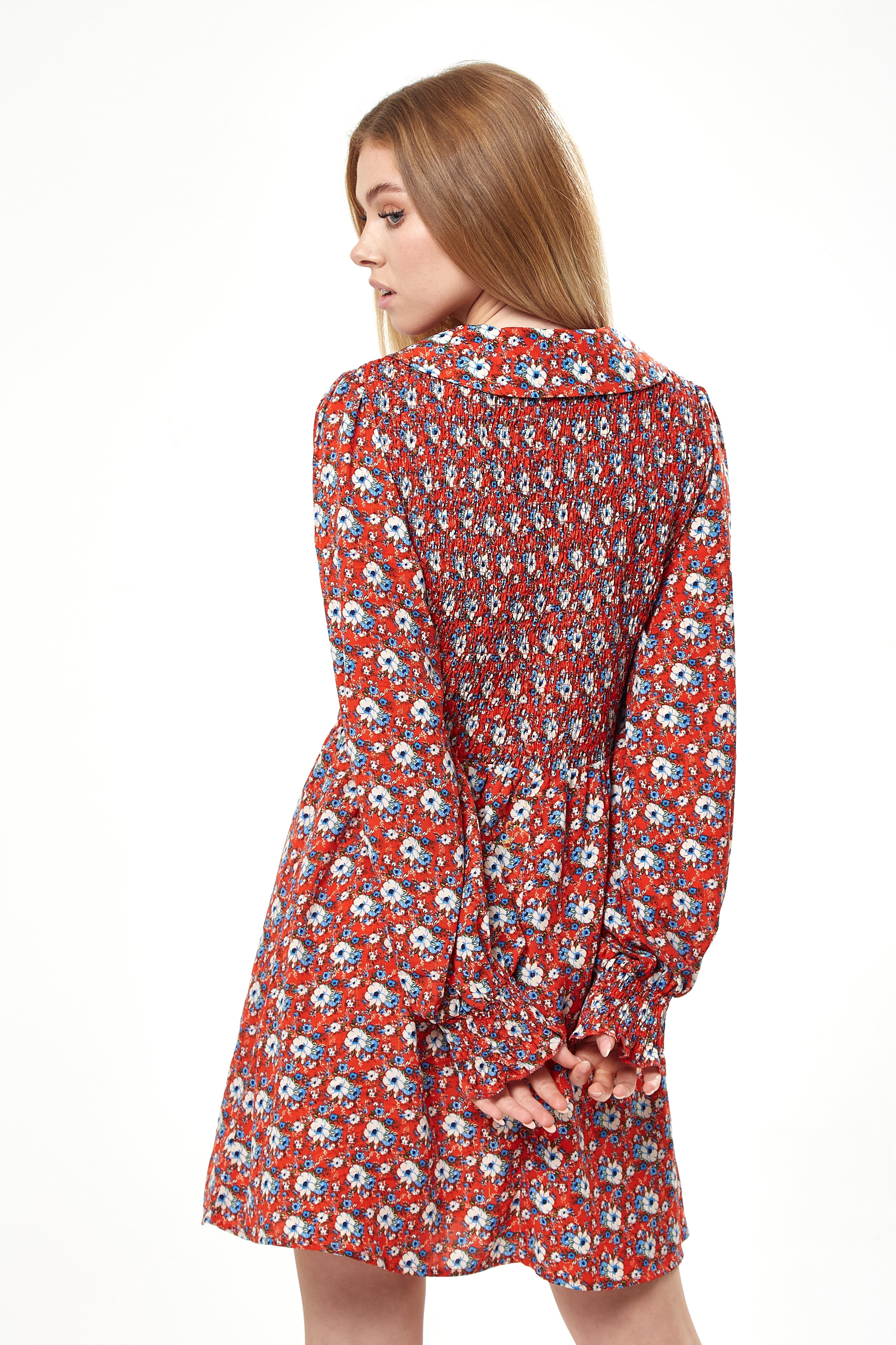 Women's Mini Dress in Red with Balloon Sleeves and Peter Pan Collar - Charming Floral Print by Liquorish