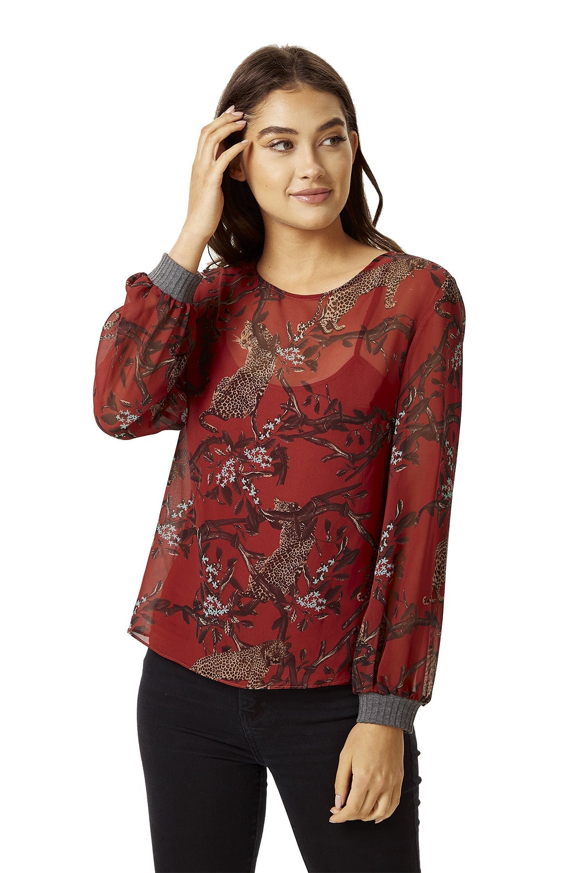 Women's Long Sleeve Red Leopard Print Top with Grey Elasticated Cuffs - Regular Fit, Perfect for Casual Wear