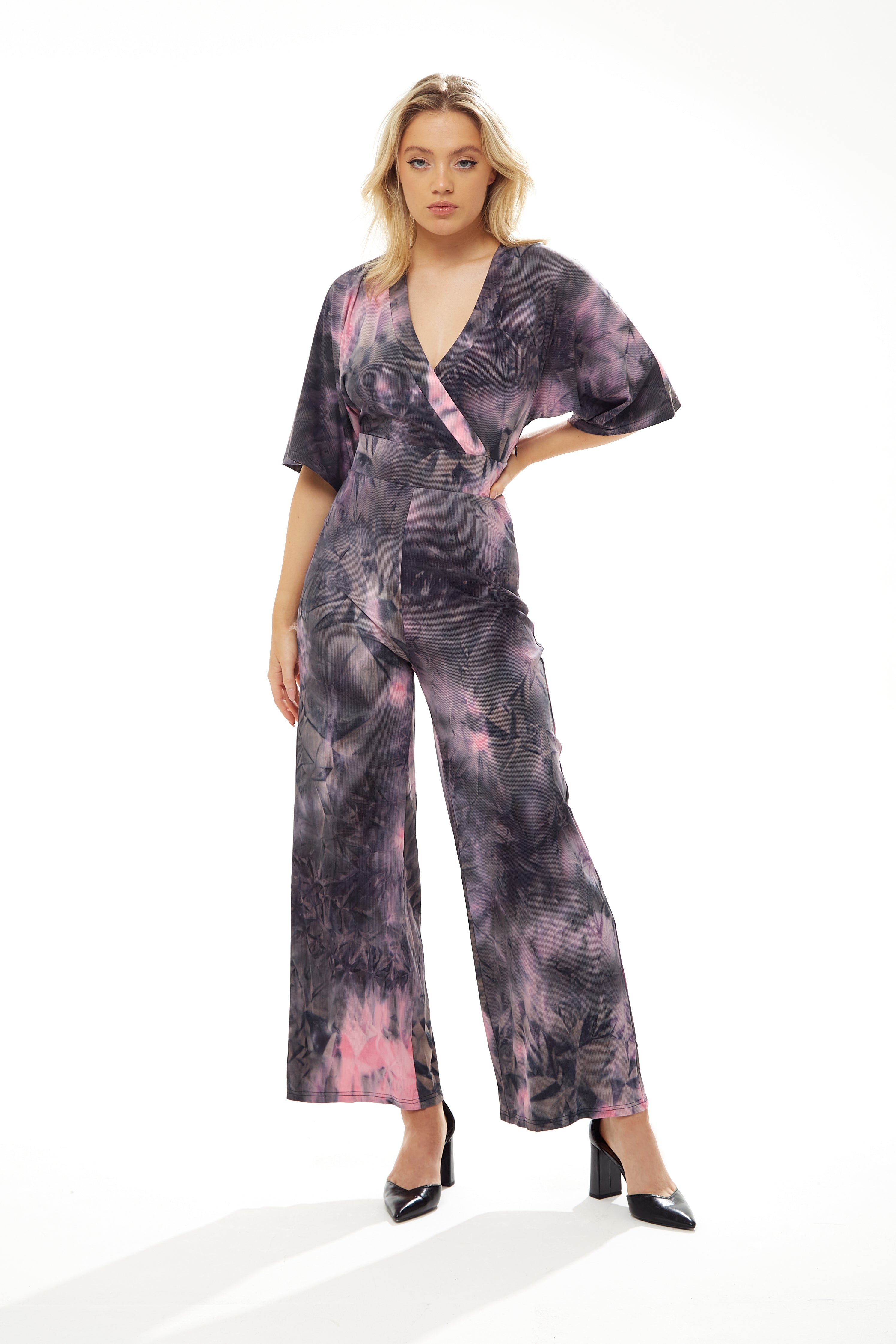 Women's Jumpsuit in Grey and Pink Tie Dye with Short Sleeves, V Neck and Open Back, by Liquorish