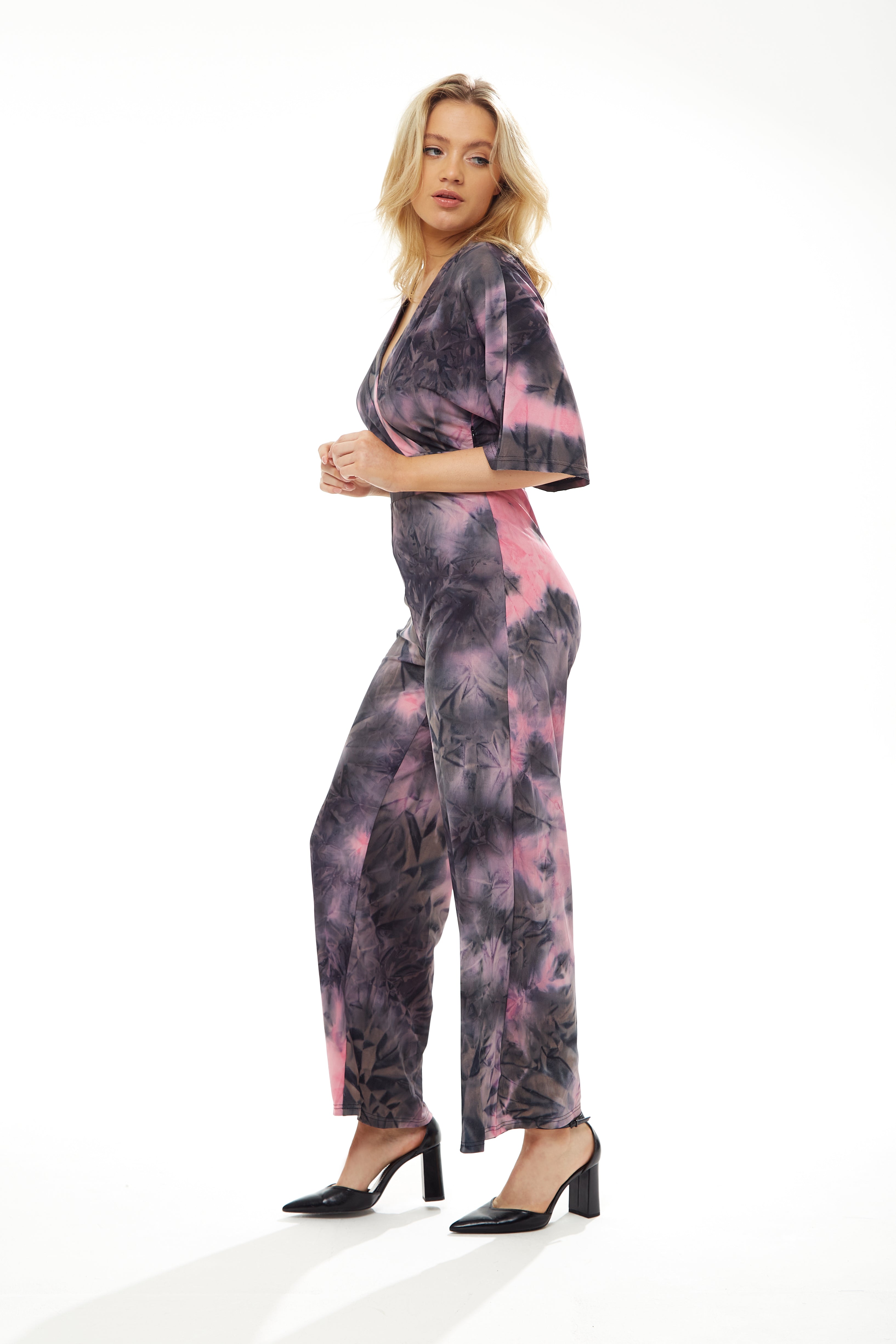 Women's Jumpsuit in Grey and Pink Tie Dye with Short Sleeves, V Neck and Open Back, by Liquorish