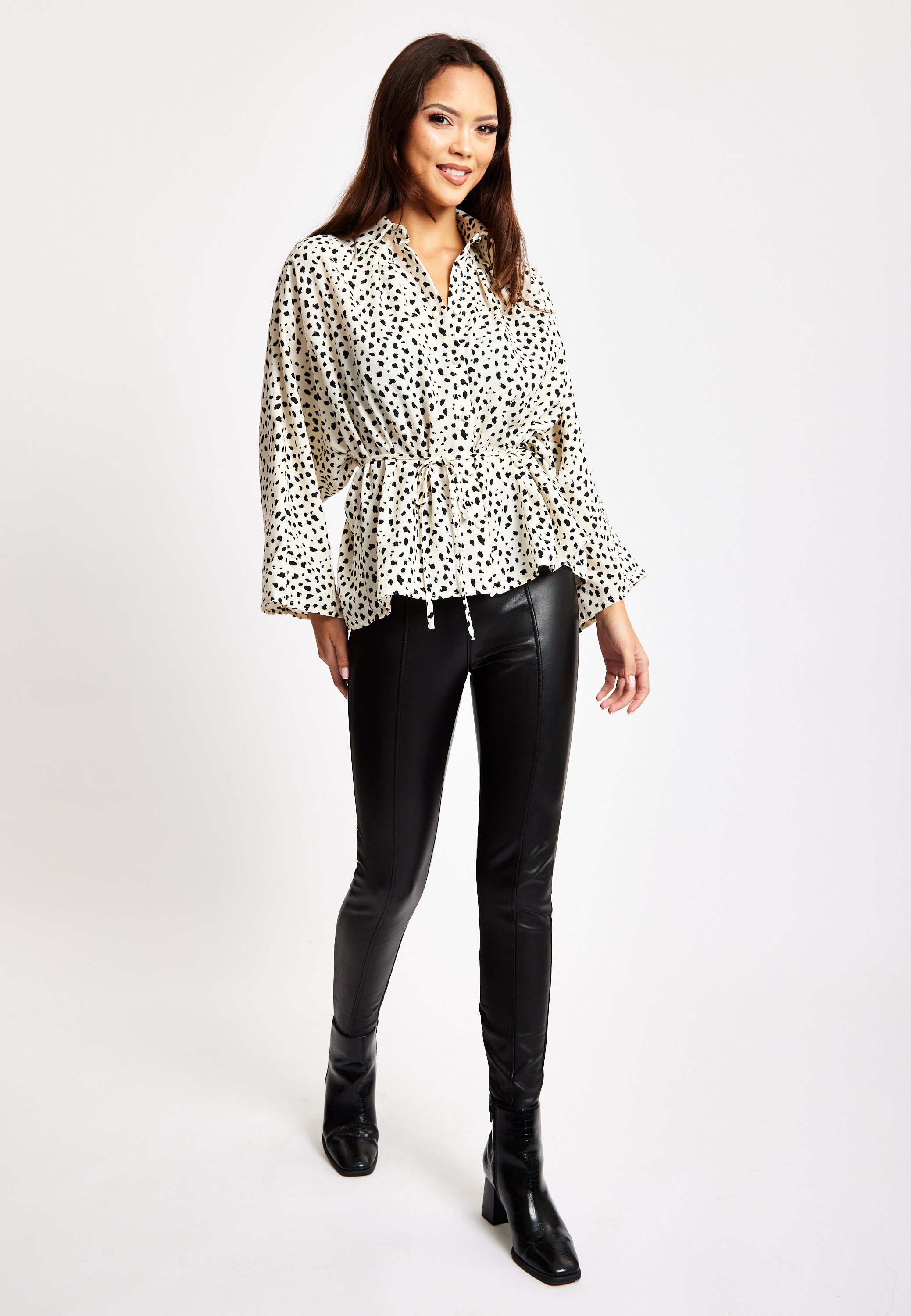 Women's Animal Print Shirt with Long Sleeves, Button-Up Front, Tie Waist, Shirt Collar, Regular Fit