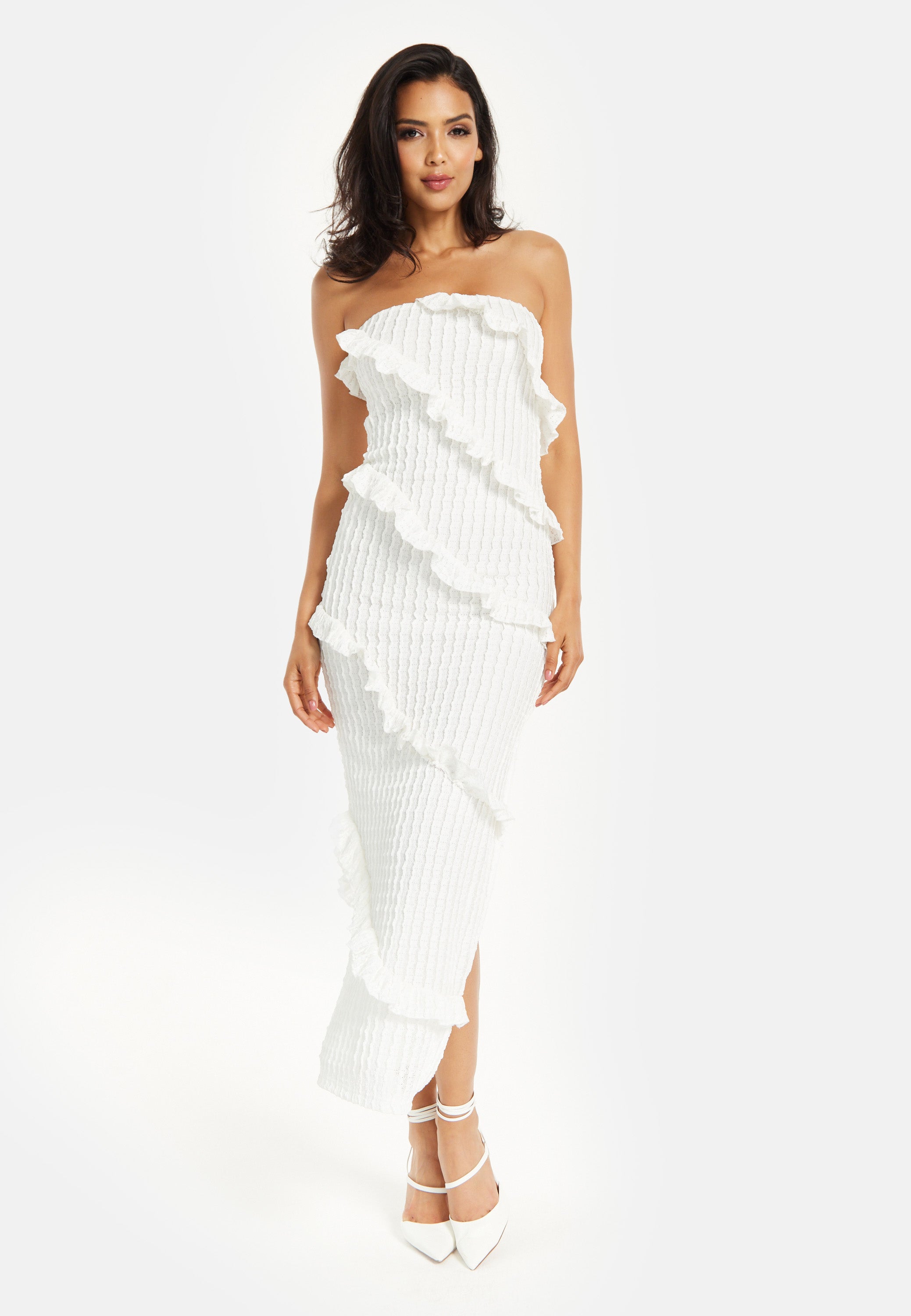 Women’s Maxi Dress with Off Shoulder Design and Diagonal Frilled Slit Detail in White