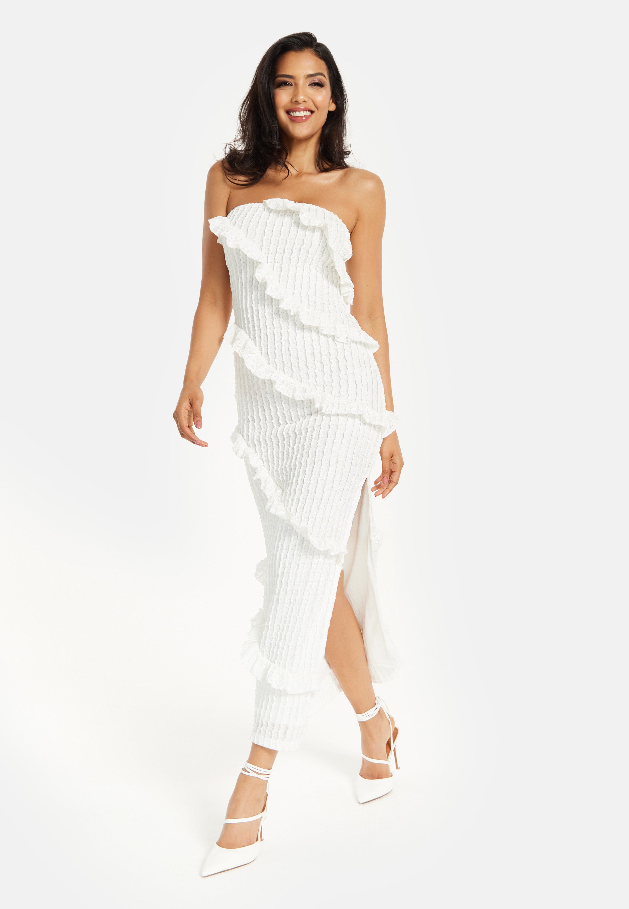 Women’s Maxi Dress with Off Shoulder Design and Diagonal Frilled Slit Detail in White
