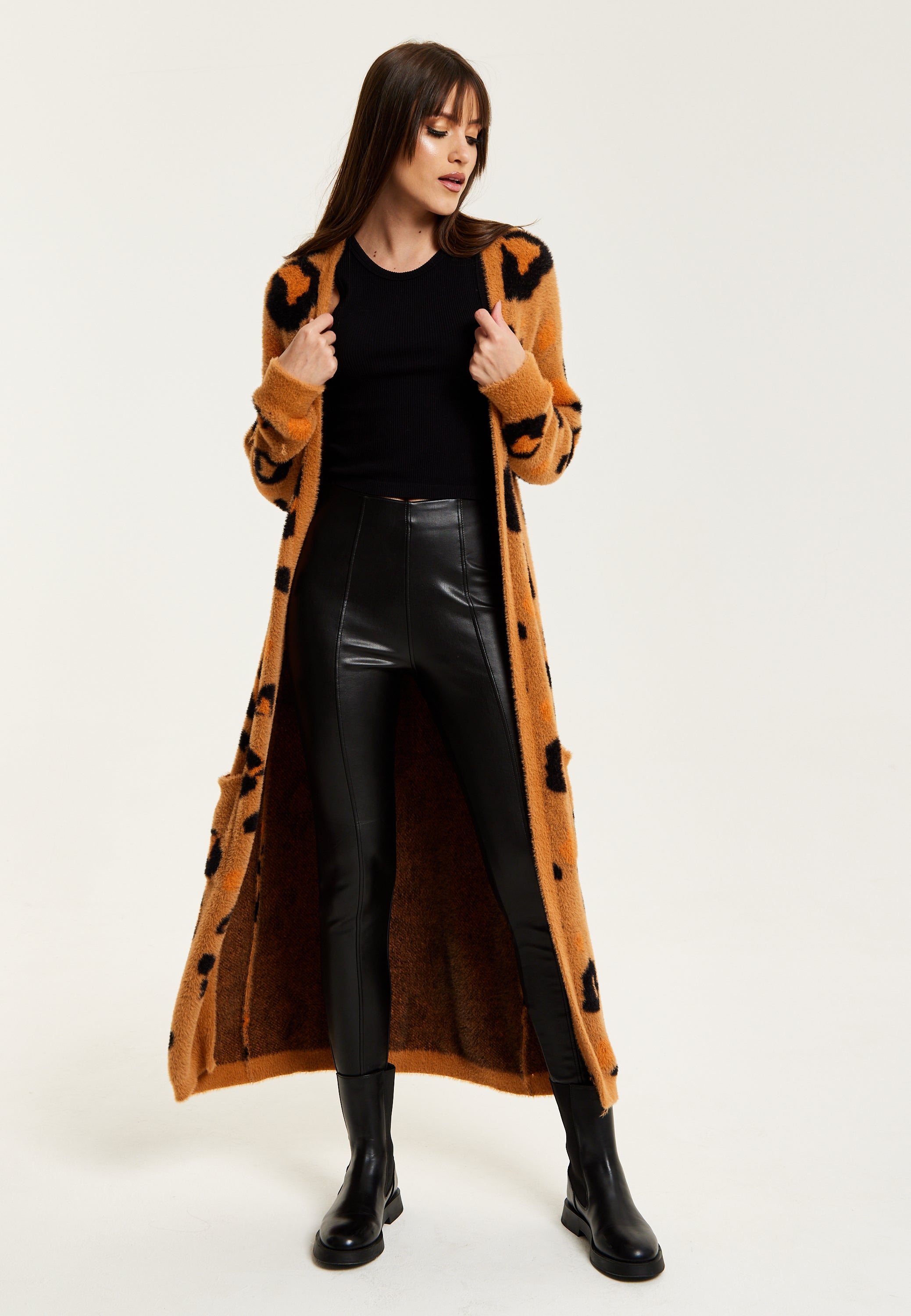 Women's Cardigan in Brown with Longline Design, Open Front, and Leopard Print - Liquorish