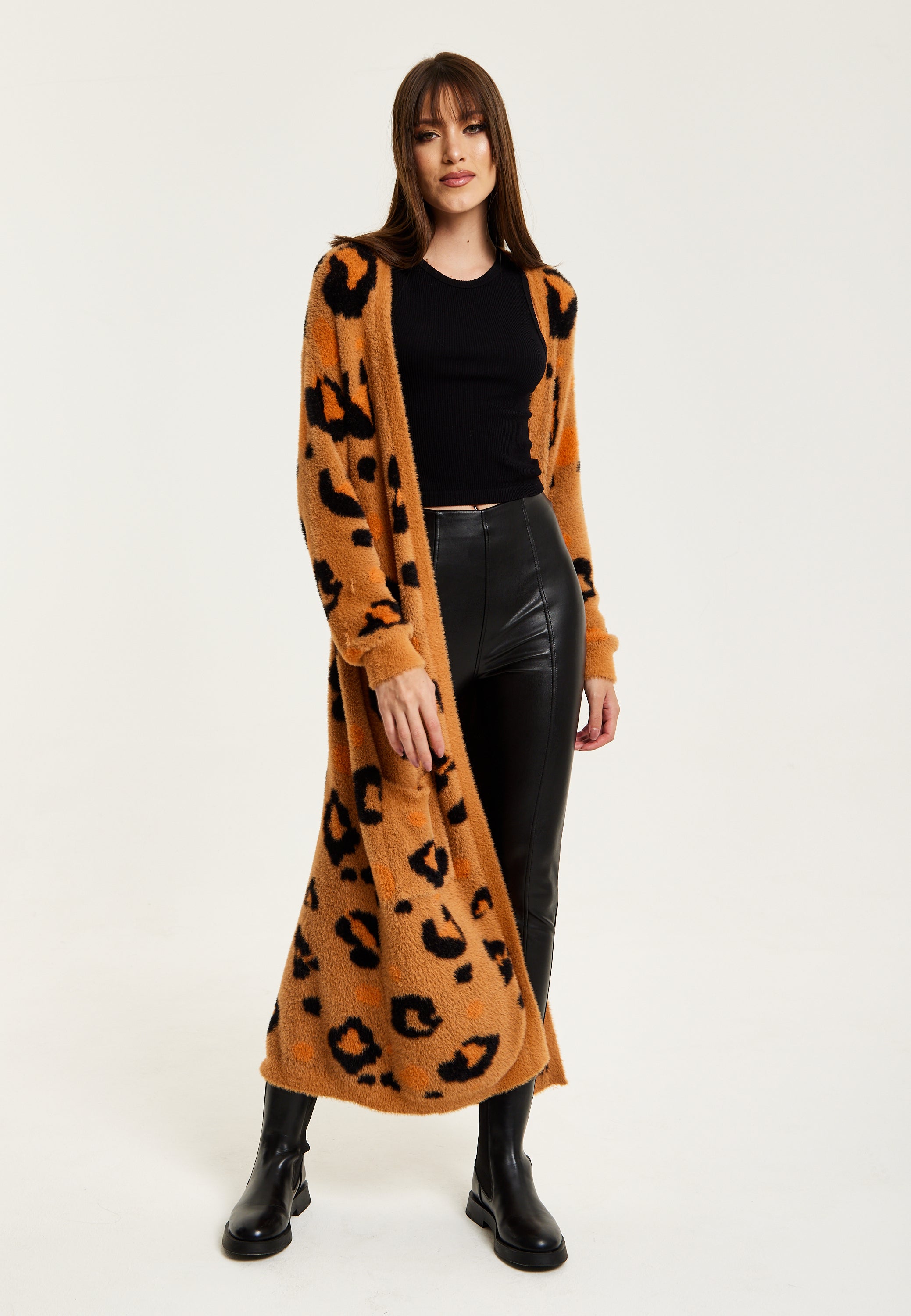 Women's Cardigan in Brown with Longline Design, Open Front, and Leopard Print - Liquorish