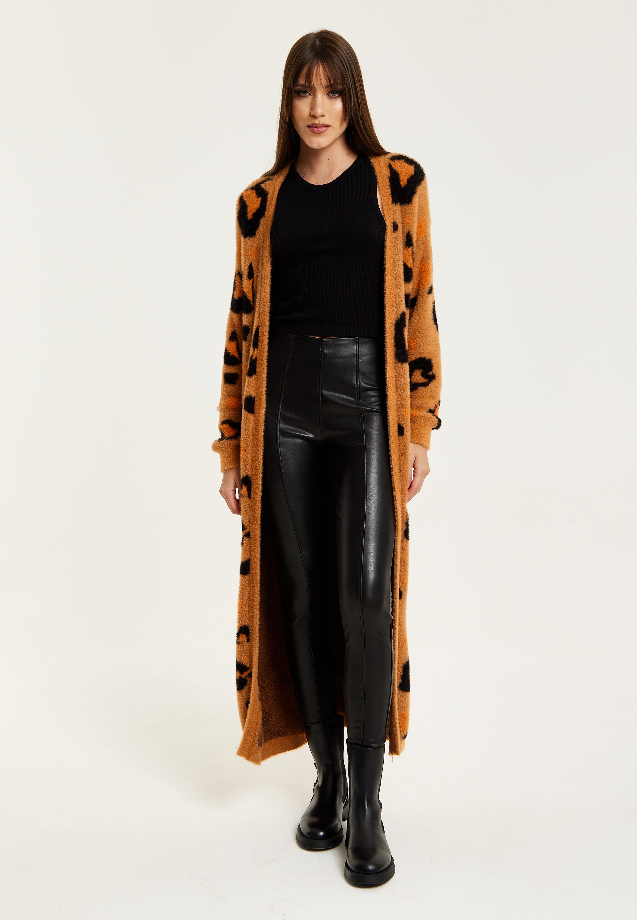 Women's Cardigan in Brown with Longline Design, Open Front, and Leopard Print - Liquorish