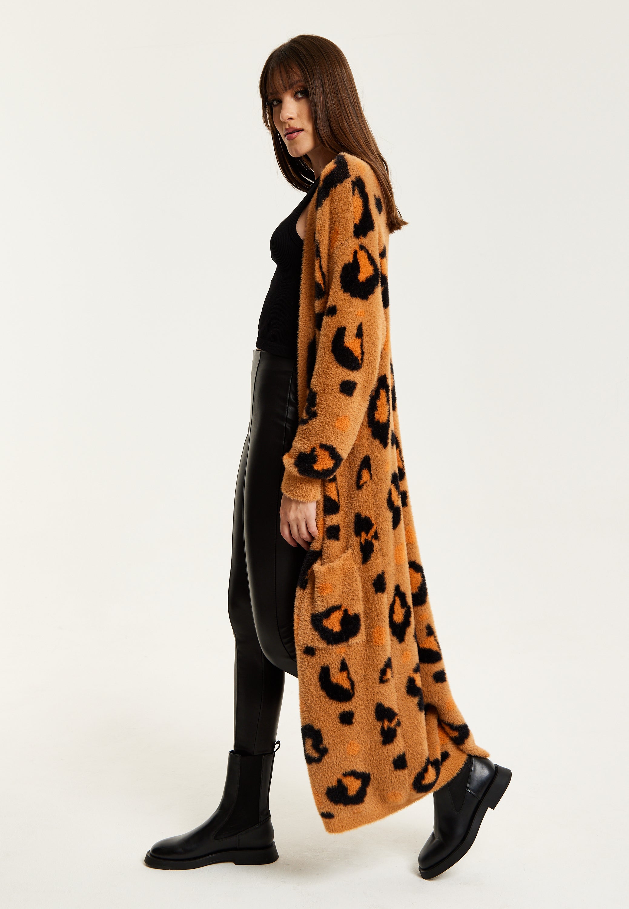 Women's Cardigan in Brown with Longline Design, Open Front, and Leopard Print - Liquorish