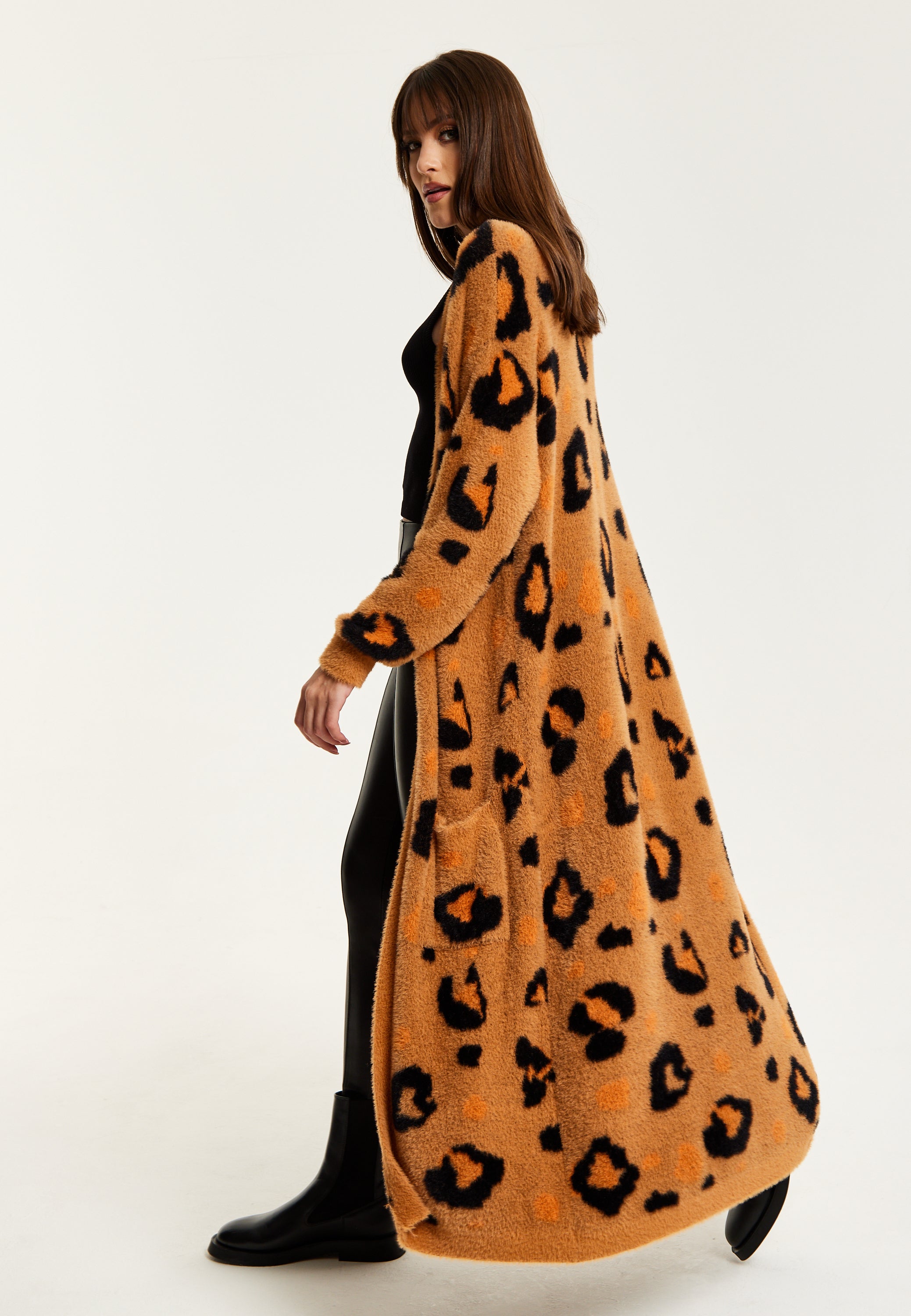 Women's Cardigan in Brown with Longline Design, Open Front, and Leopard Print - Liquorish
