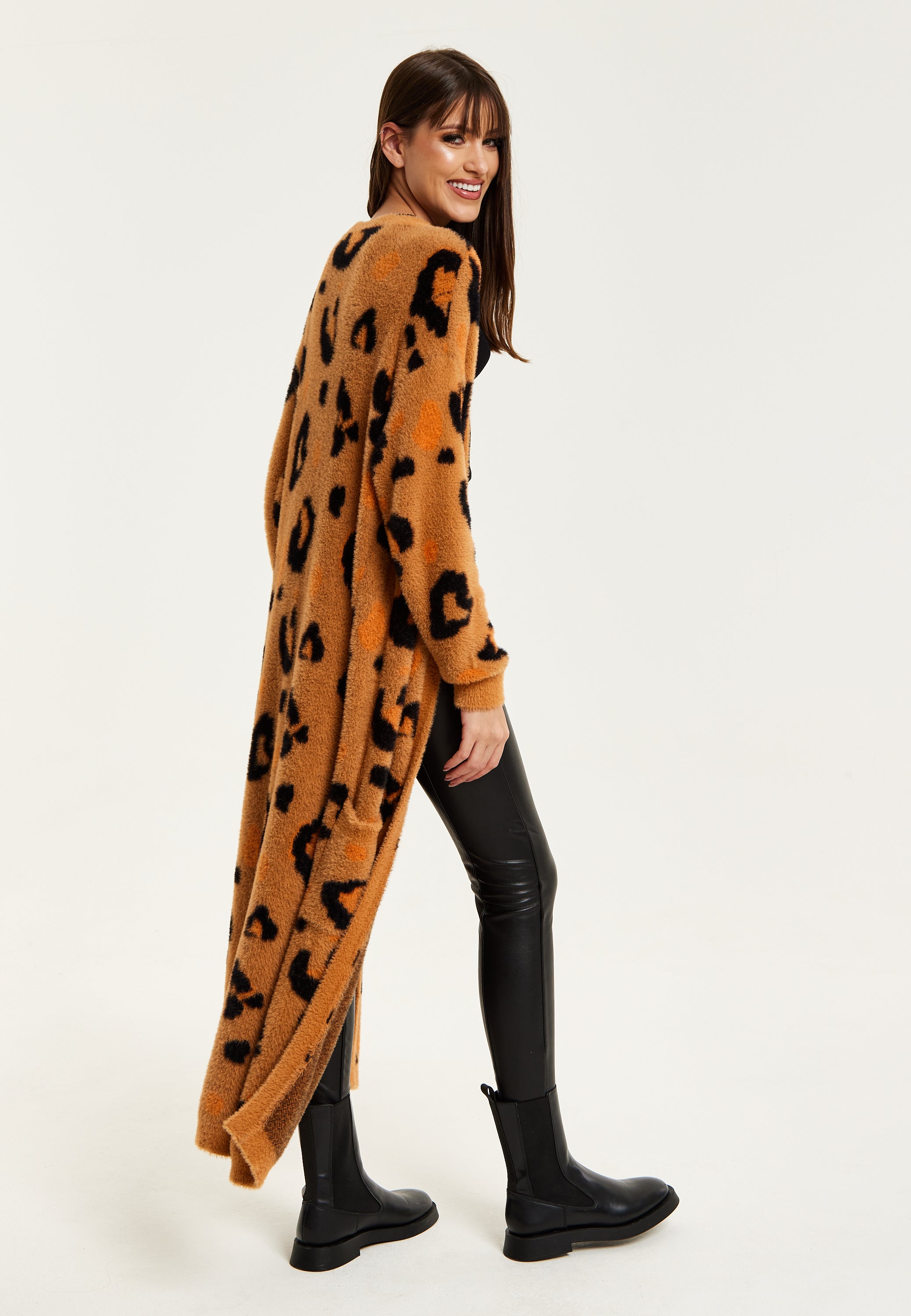 Women's Cardigan in Brown with Longline Design, Open Front, and Leopard Print - Liquorish
