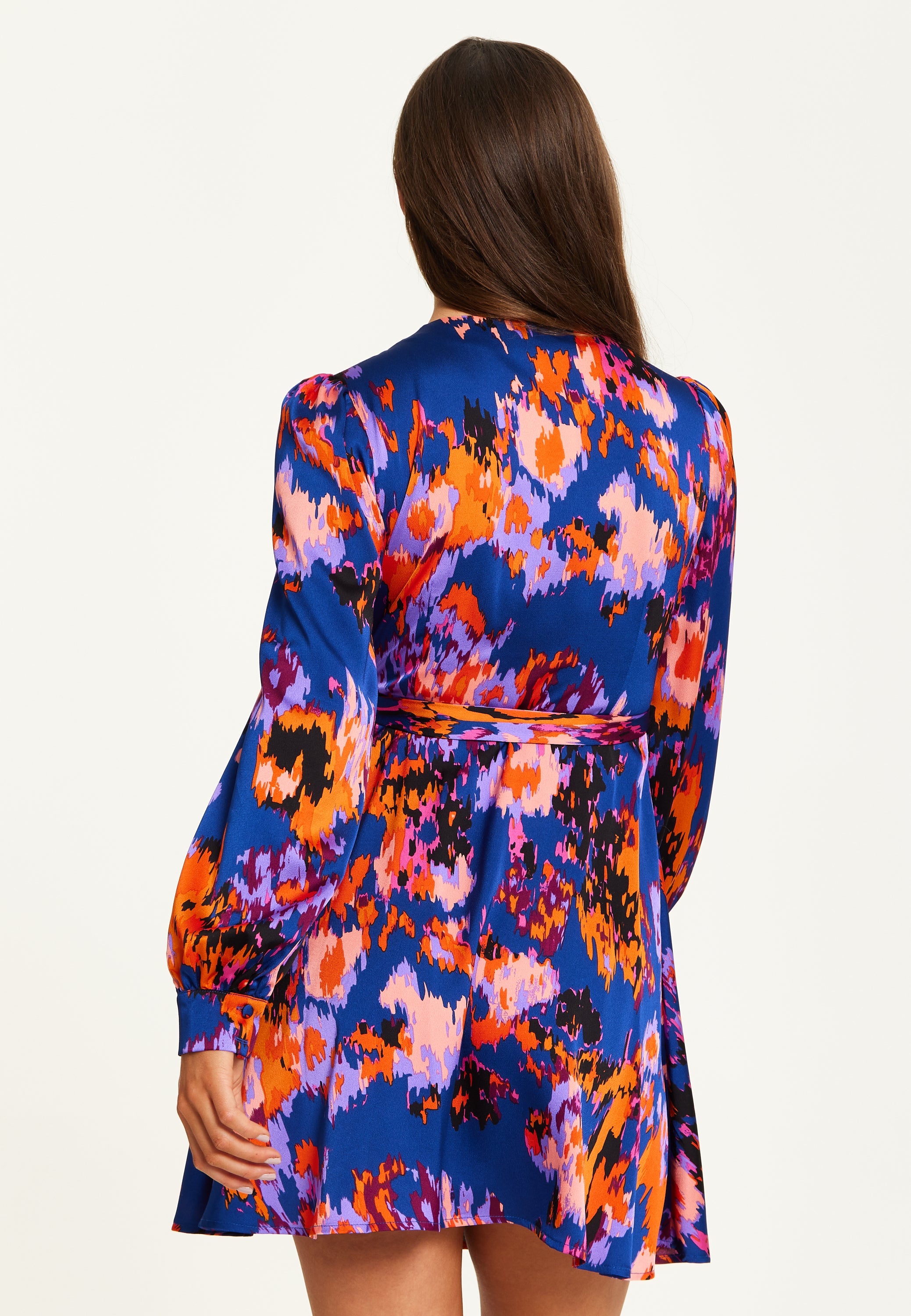 Women's Mini Dress with Long Sleeves in Navy Featuring Abstract Print Wrap Style by Liquorish
