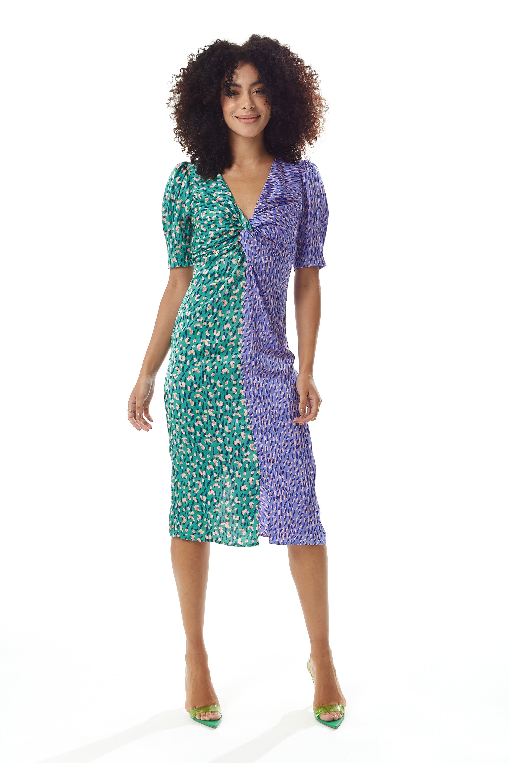 Women's Midi Dress with Knot Front and Short Sleeves in Green and Purple Abstract Print - Liquorish