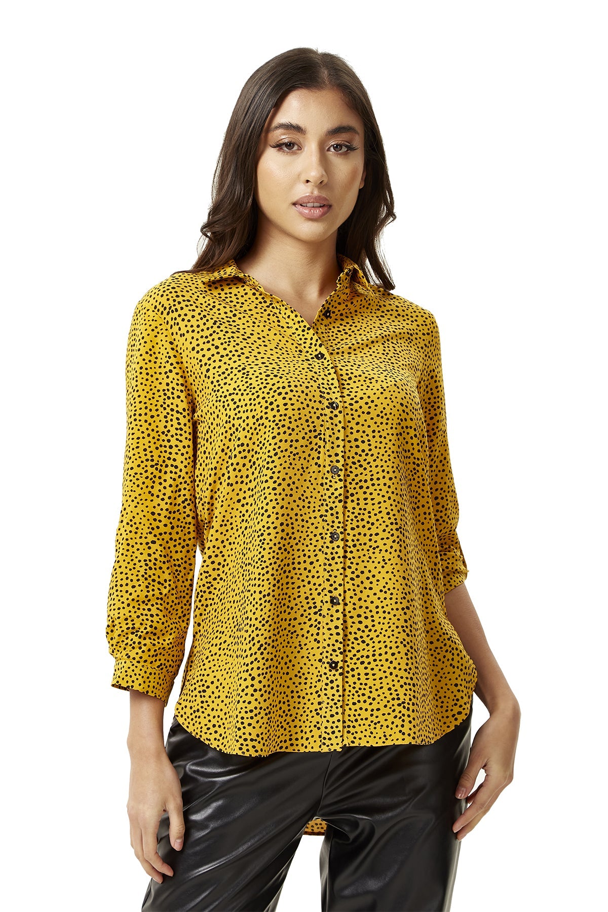 Women's Long Sleeve Mustard Polka Dot Shirt with Button Cuffs and Soft Touch Fabric, Perfect for Casual Styling