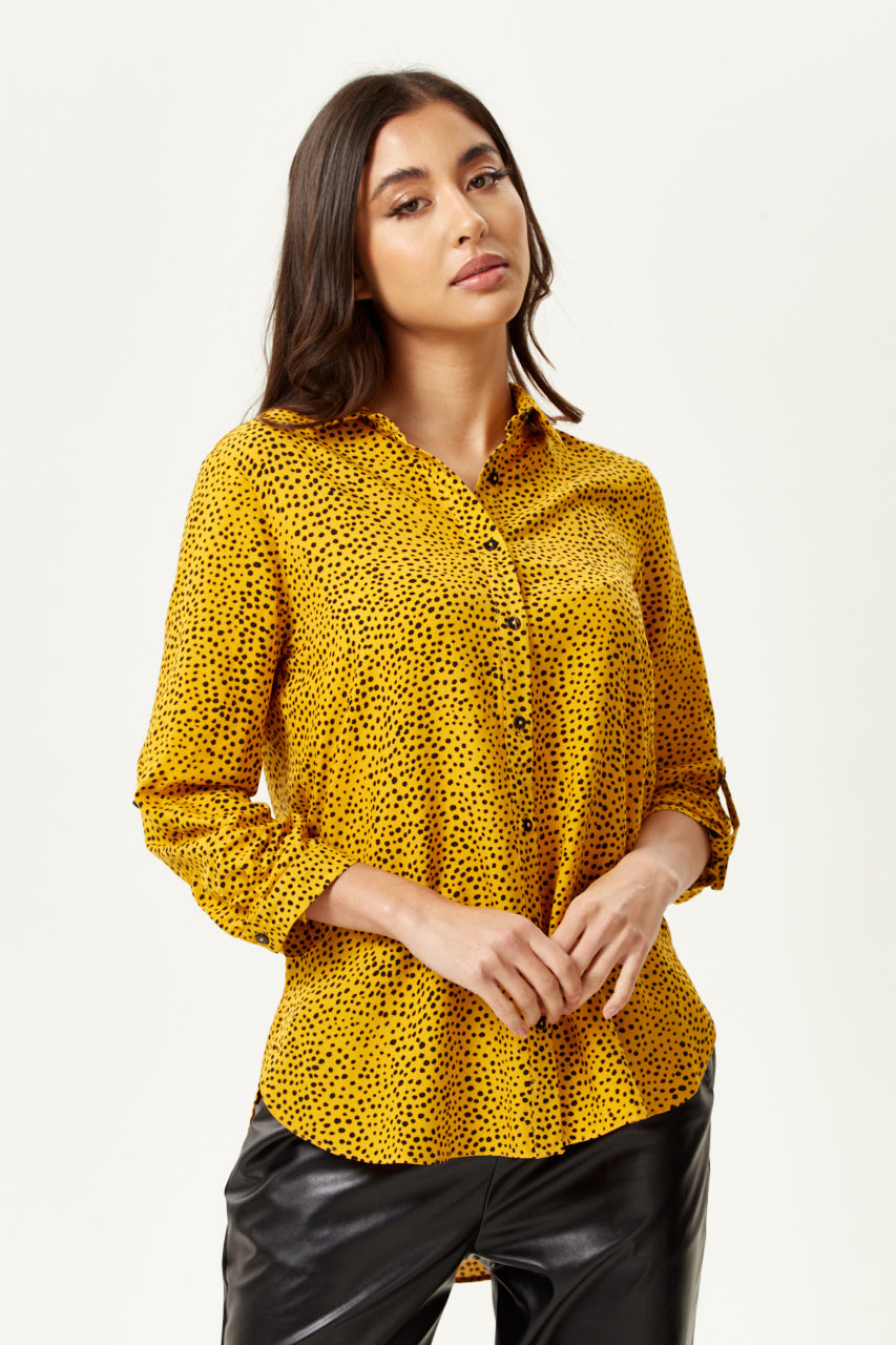 Women's Long Sleeve Mustard Polka Dot Shirt with Button Cuffs and Soft Touch Fabric, Perfect for Casual Styling