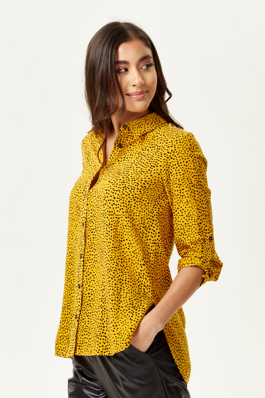 Women's Long Sleeve Mustard Polka Dot Shirt with Button Cuffs and Soft Touch Fabric, Perfect for Casual Styling