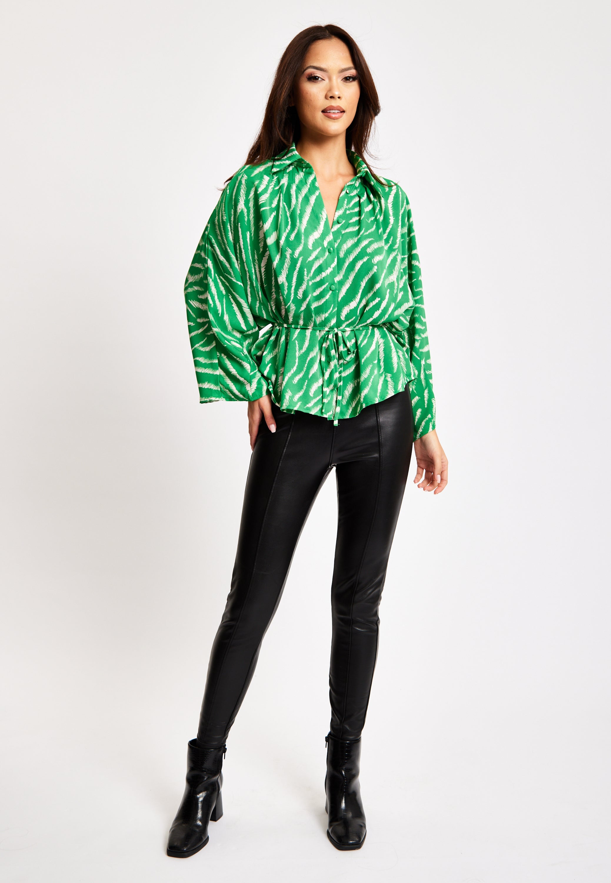 Women's Zebra Print Shirt with Long Sleeves, Tie Waist, Button-Up Front, Regular Fit, and Shirt Collar