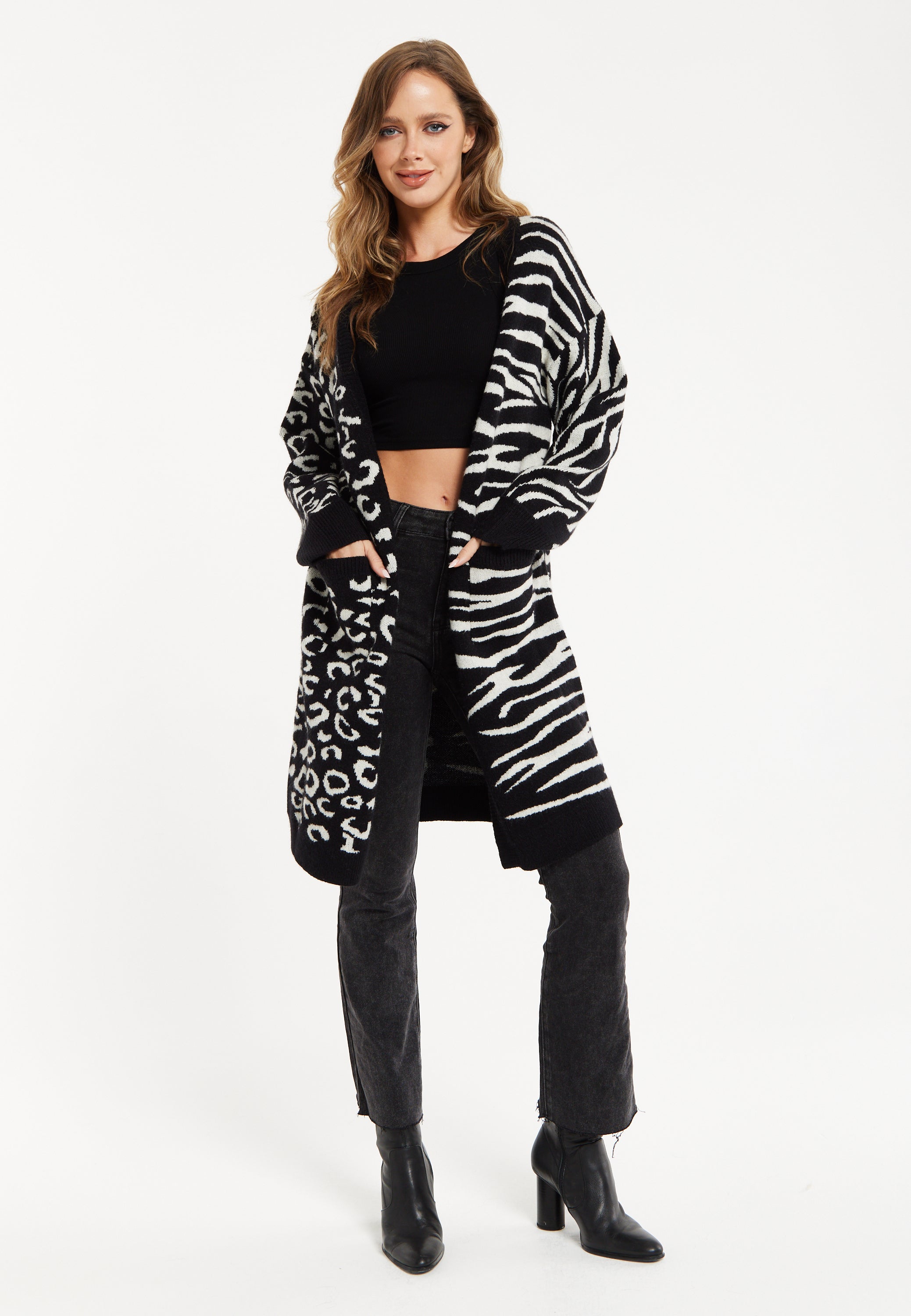 Women's Longline Oversized Cardigan in Black and White Animal Print - Unique Contrast Design by Liquorish