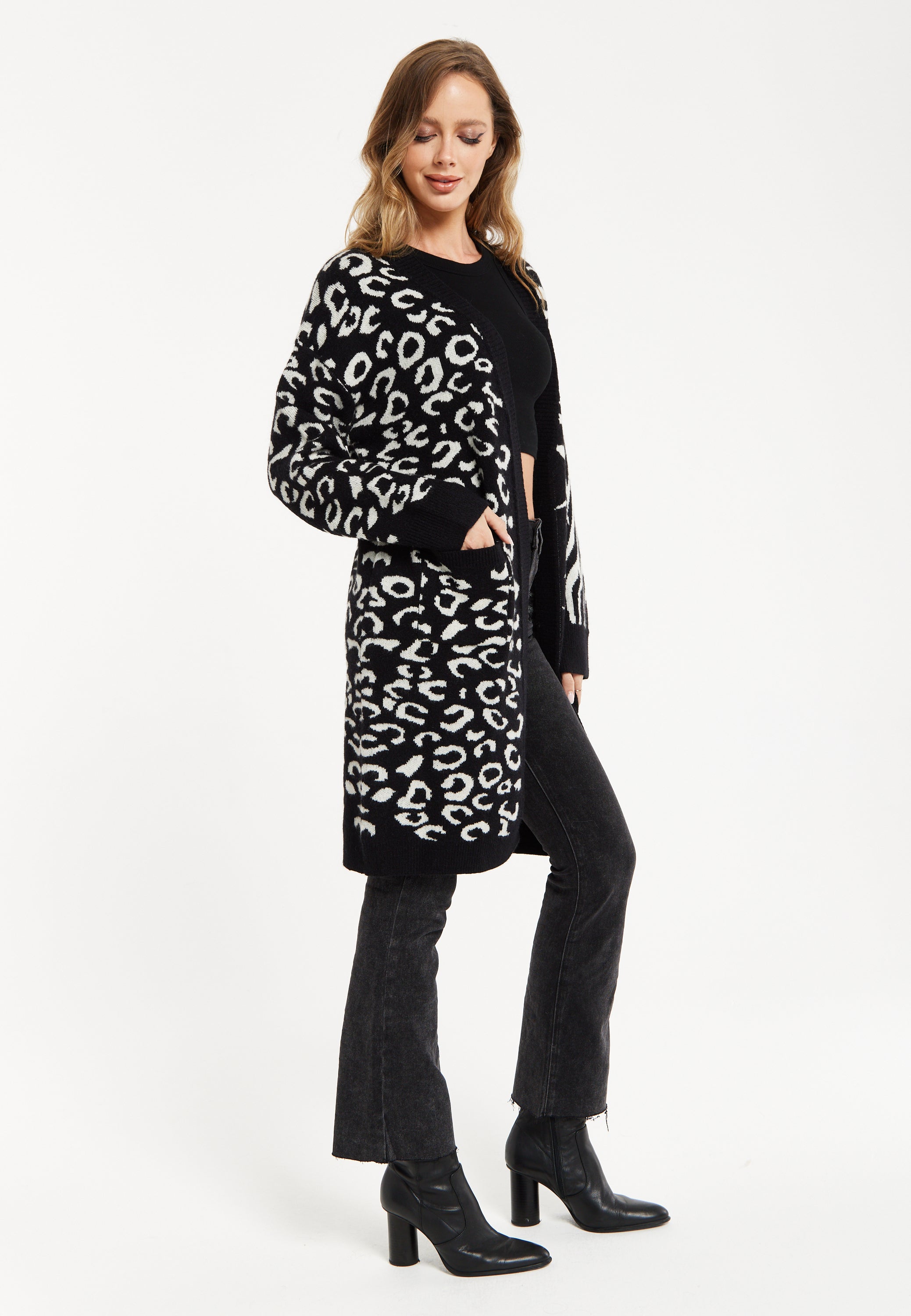 Women's Longline Oversized Cardigan in Black and White Animal Print - Unique Contrast Design by Liquorish