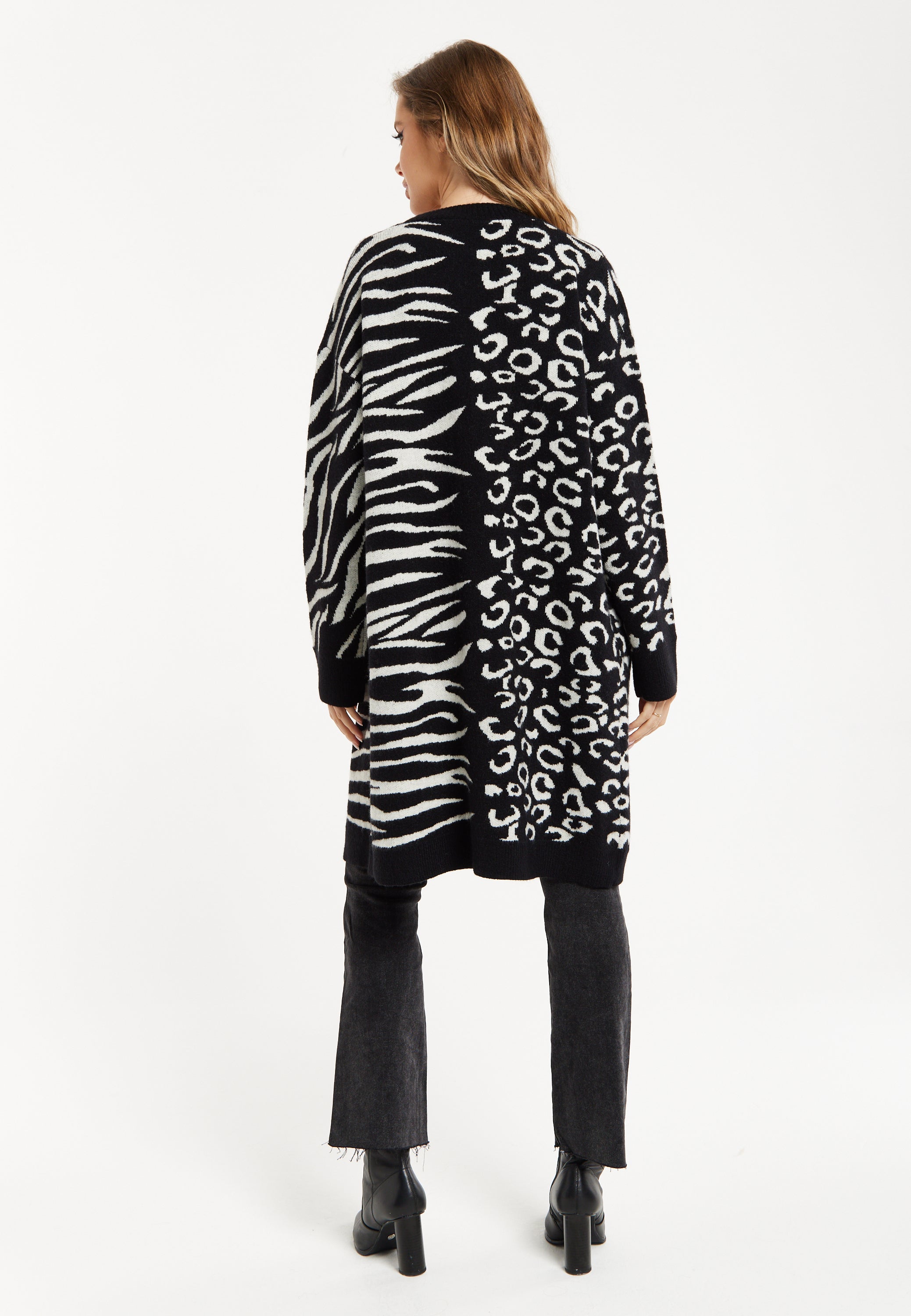 Women's Longline Oversized Cardigan in Black and White Animal Print - Unique Contrast Design by Liquorish