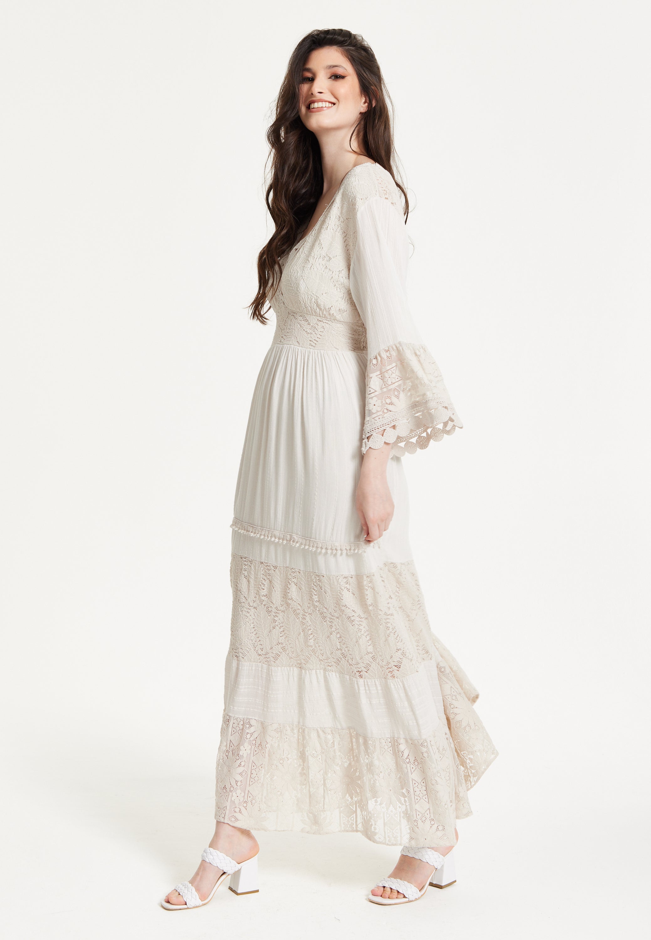 Ivory Boho Maxi Dress with Lace Trim