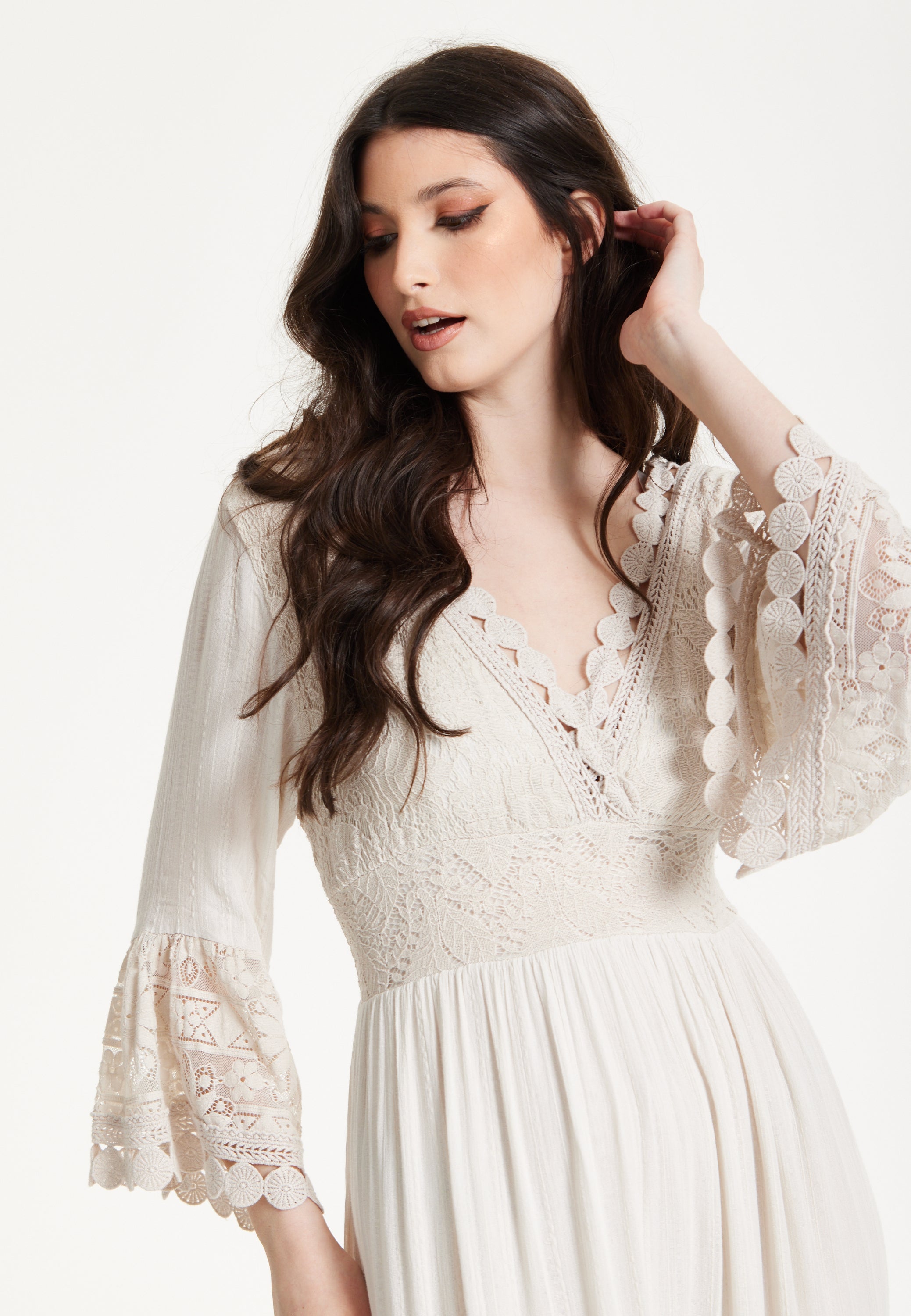 Ivory Boho Maxi Dress with Lace Trim