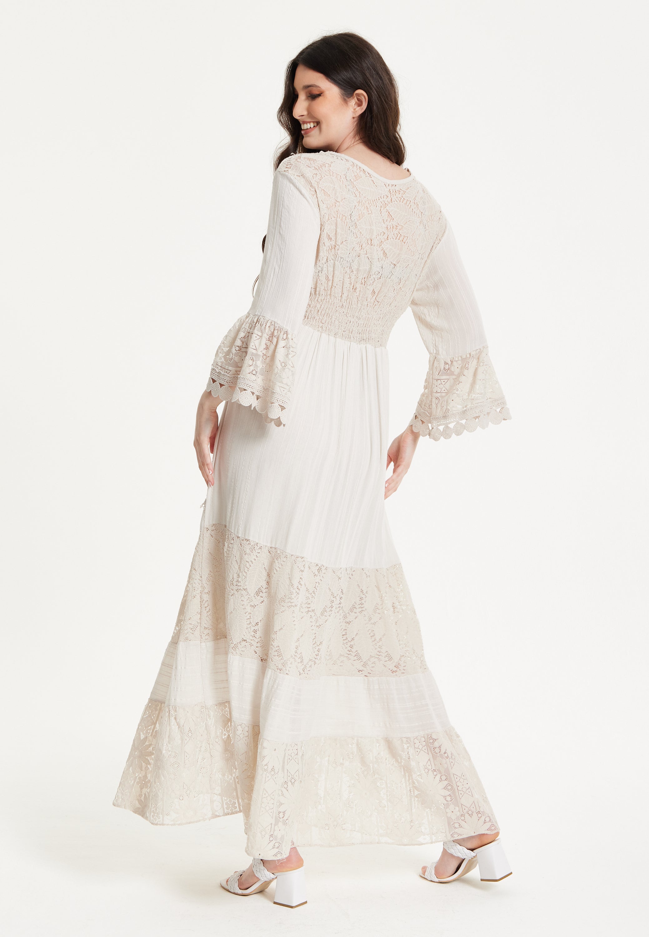 Ivory Boho Maxi Dress with Lace Trim