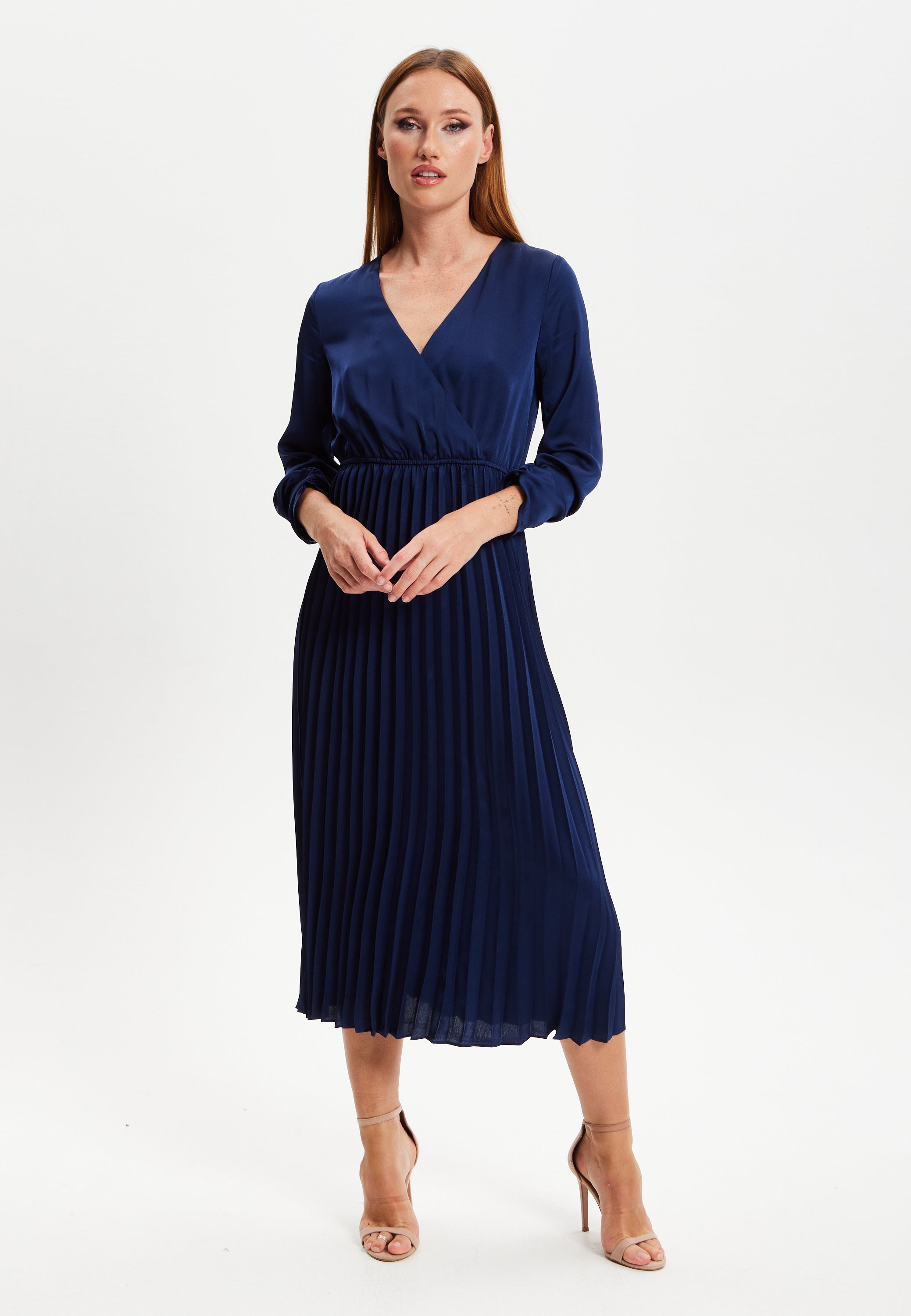 Women's Midi Dress with Pleat Details in Navy, V Neck and Regular Fit, Perfect for Any Occasion - Liquorish