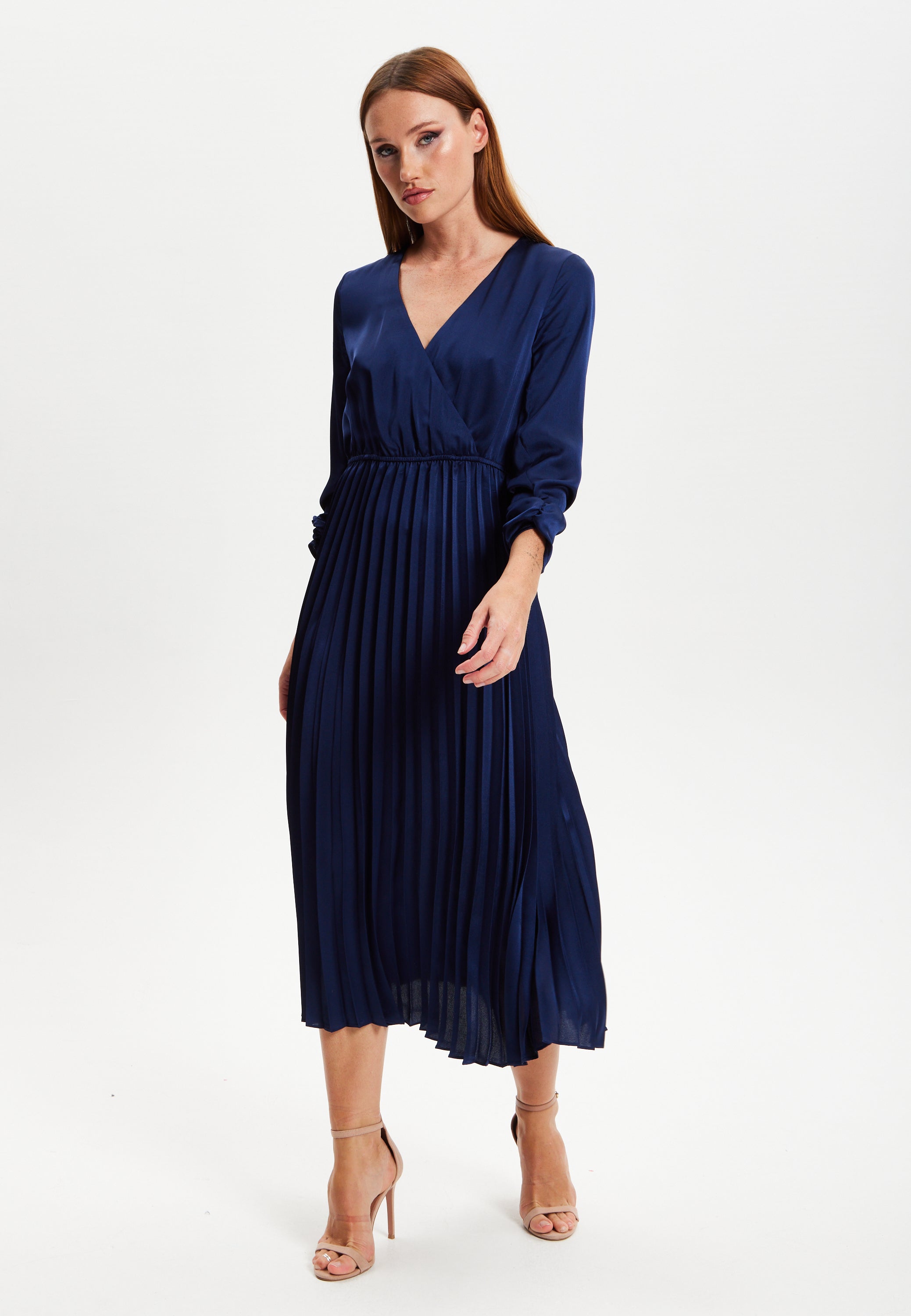 Women's Midi Dress with Pleat Details in Navy, V Neck and Regular Fit, Perfect for Any Occasion - Liquorish