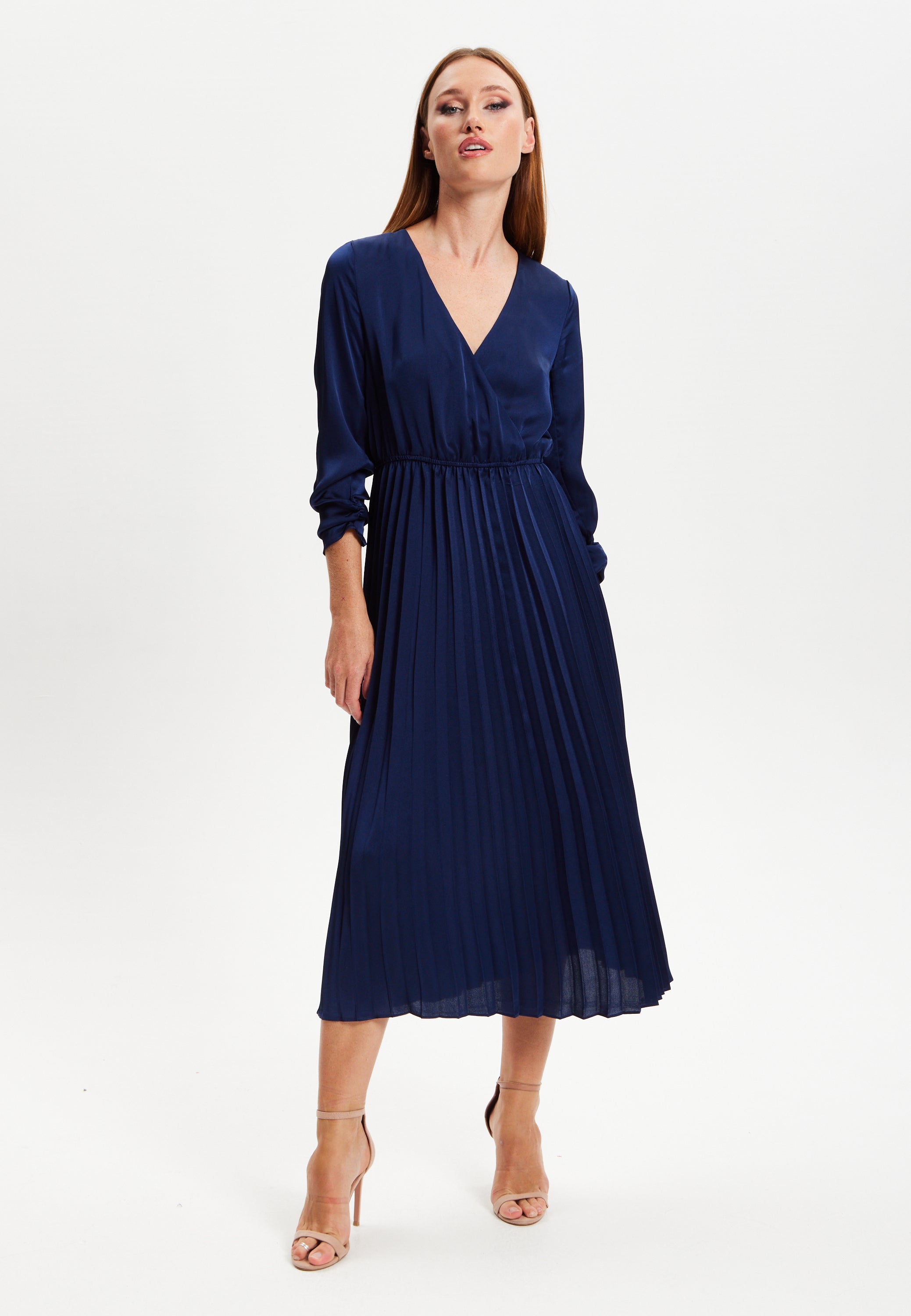Women's Midi Dress with Pleat Details in Navy, V Neck and Regular Fit, Perfect for Any Occasion - Liquorish