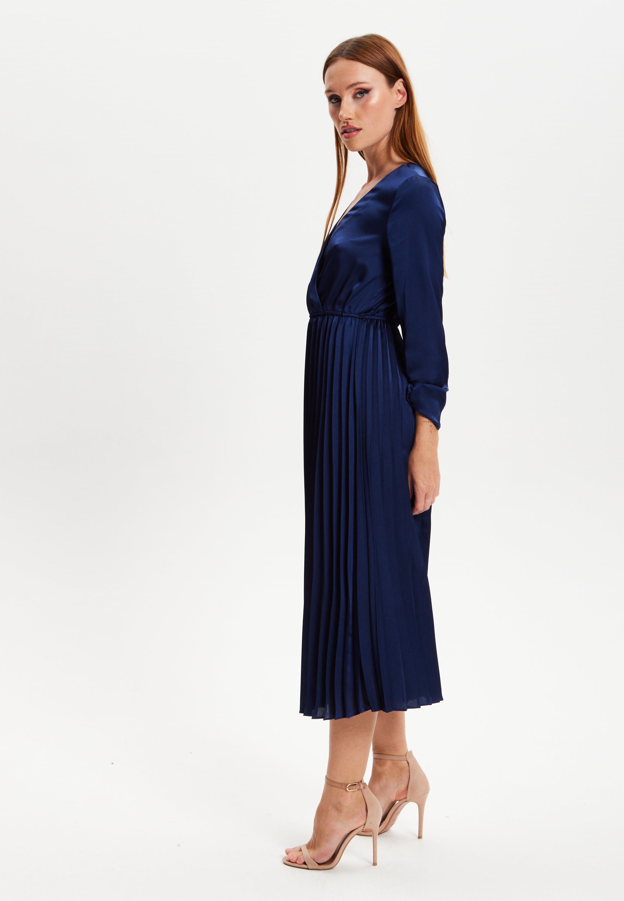 Women's Midi Dress with Pleat Details in Navy, V Neck and Regular Fit, Perfect for Any Occasion - Liquorish