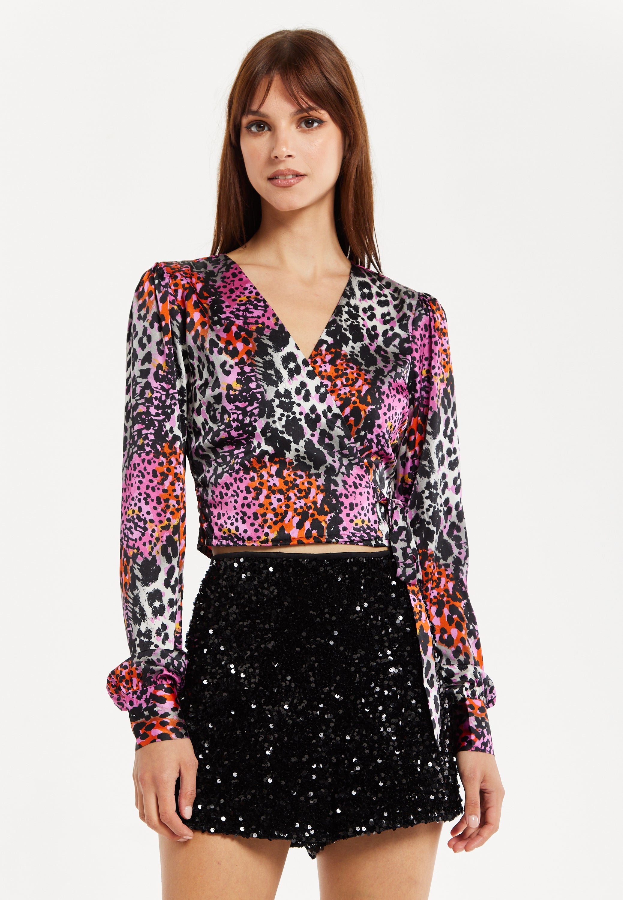 Women's Multicolour Animal Print Wrap Top with Long Sleeves, Deep V-Neckline, and Matching Tie Waist. Perfect for Day Out!