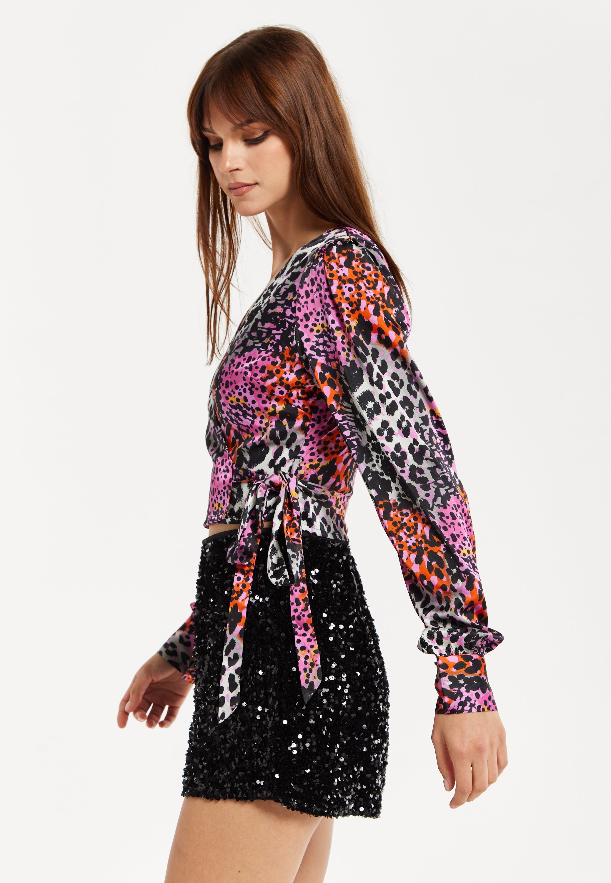 Women's Multicolour Animal Print Wrap Top with Long Sleeves, Deep V-Neckline, and Matching Tie Waist. Perfect for Day Out!