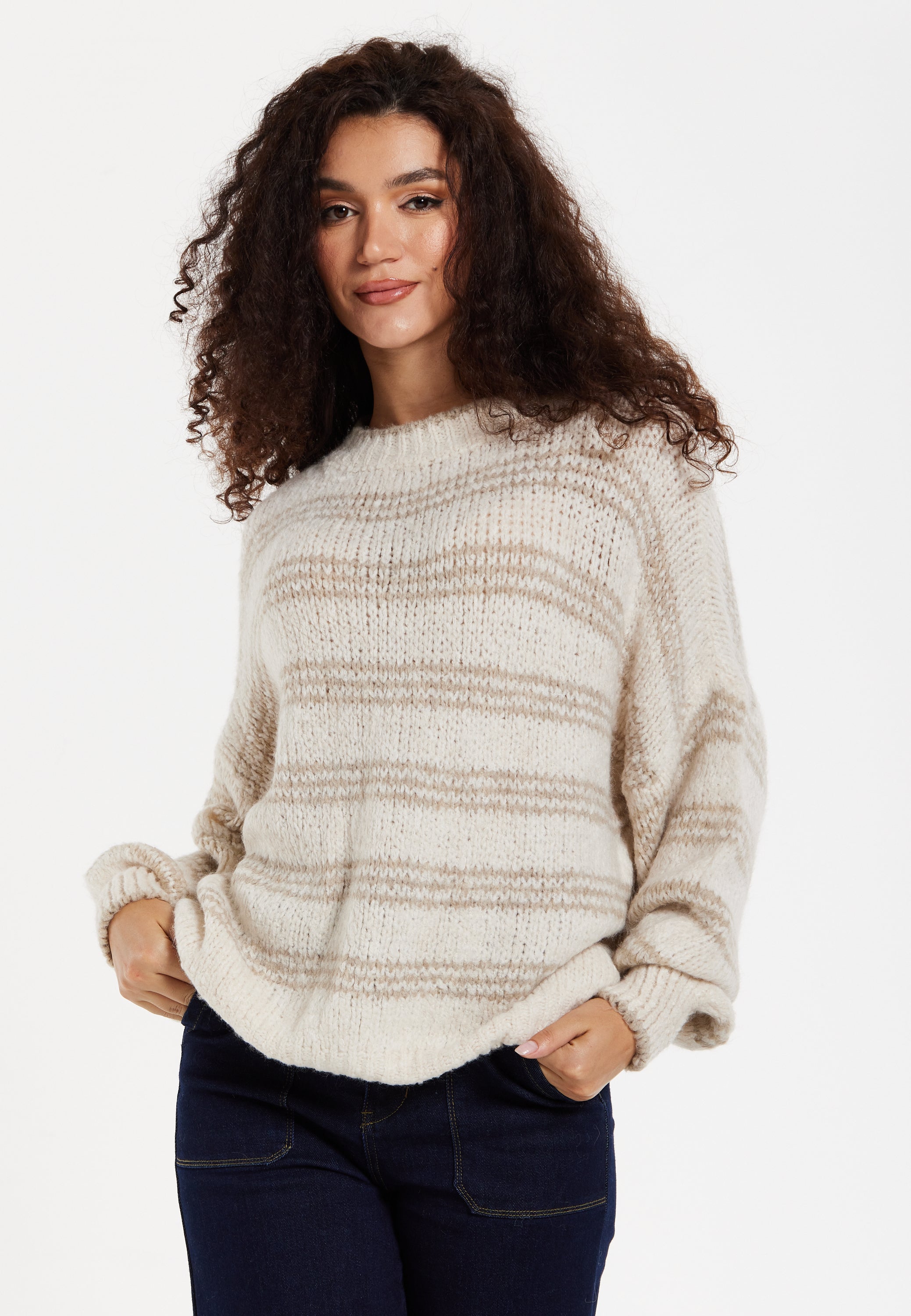 Women's Beige Oversized Knitted Jumper with Long Sleeves and Bold Stripes - Liquorish