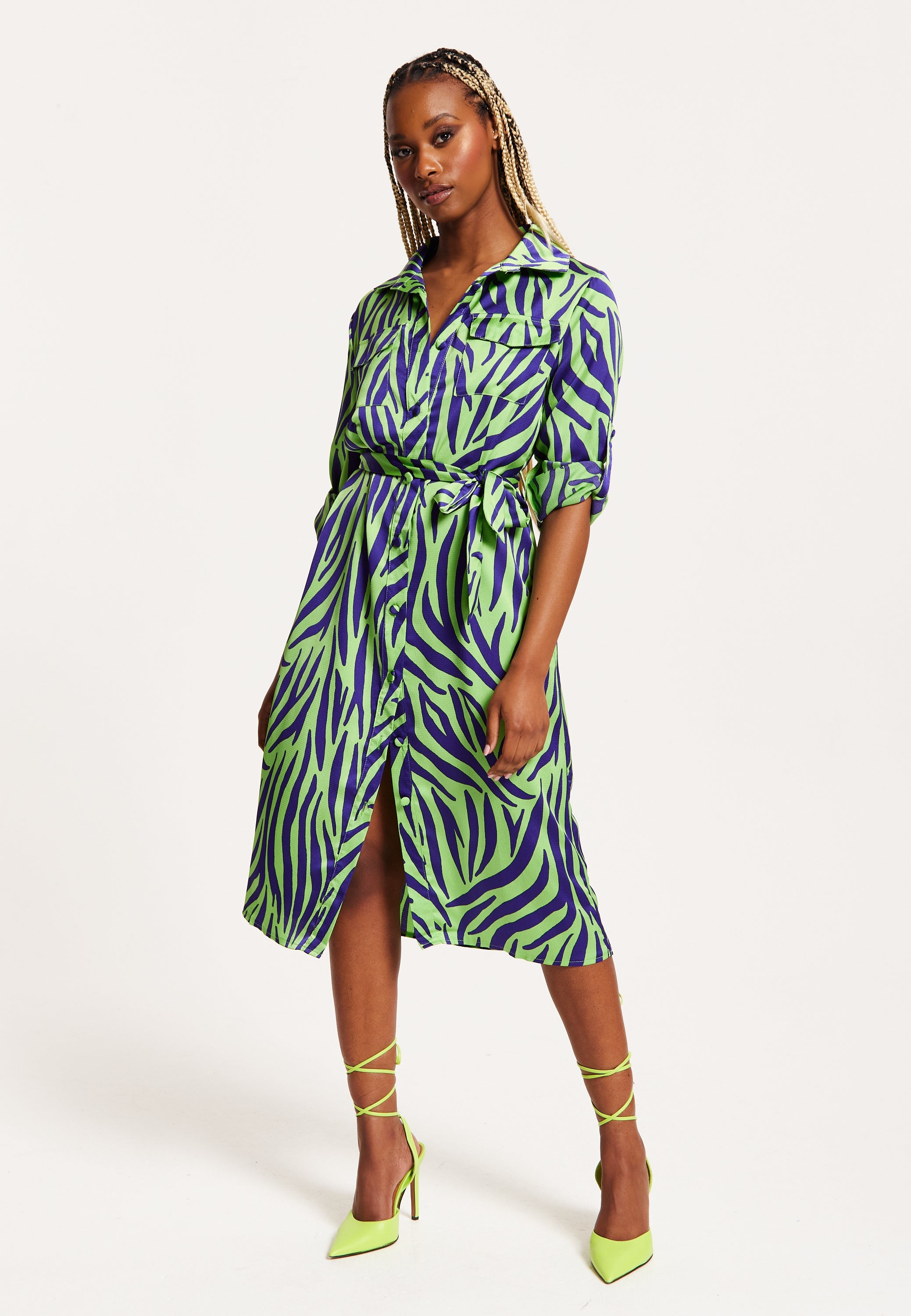 Women's Midi Dress in Mint and Blue Zebra Print with Long Sleeves - Stylish Elegance by Liquorish