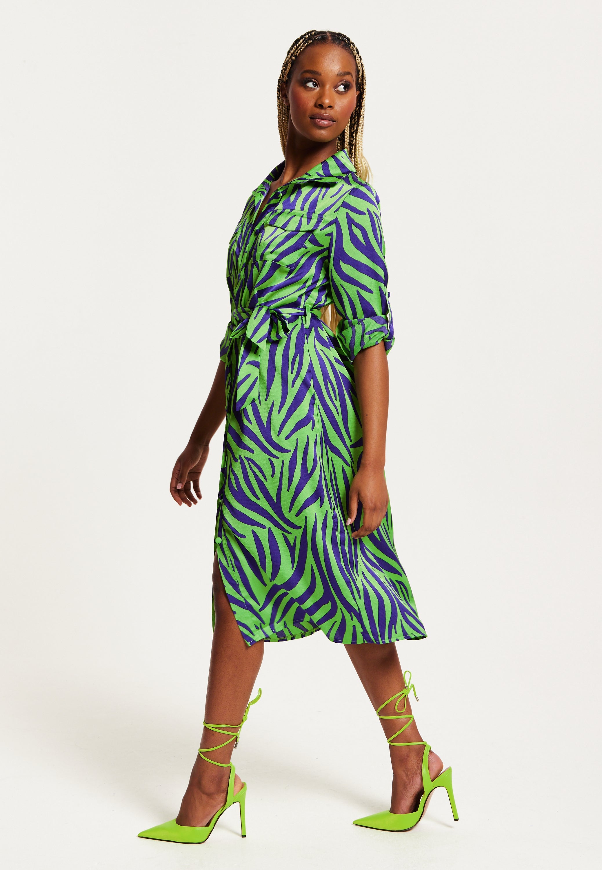 Women's Midi Dress in Mint and Blue Zebra Print with Long Sleeves - Stylish Elegance by Liquorish
