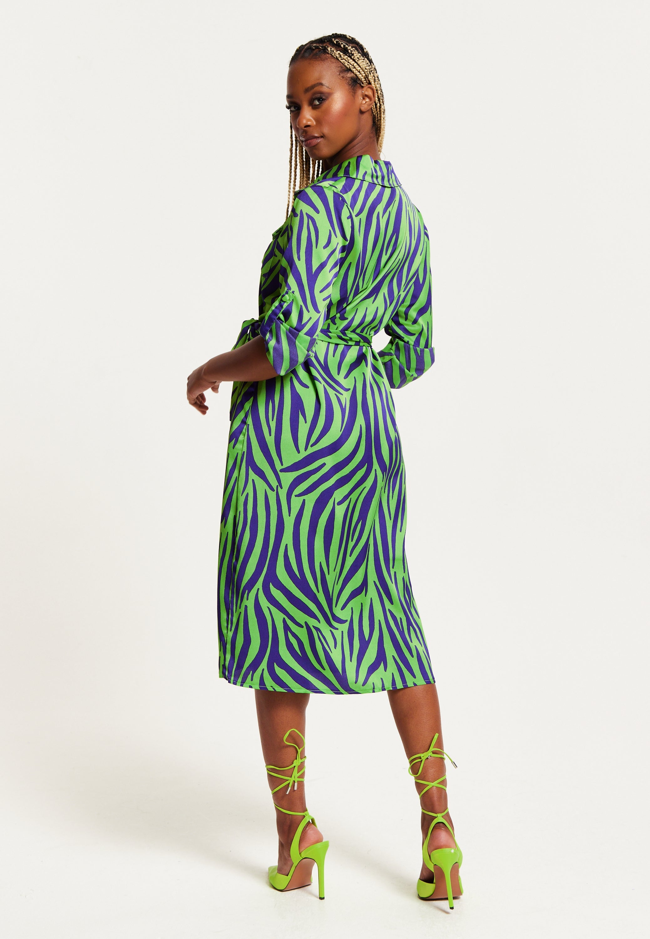 Women's Midi Dress in Mint and Blue Zebra Print with Long Sleeves - Stylish Elegance by Liquorish