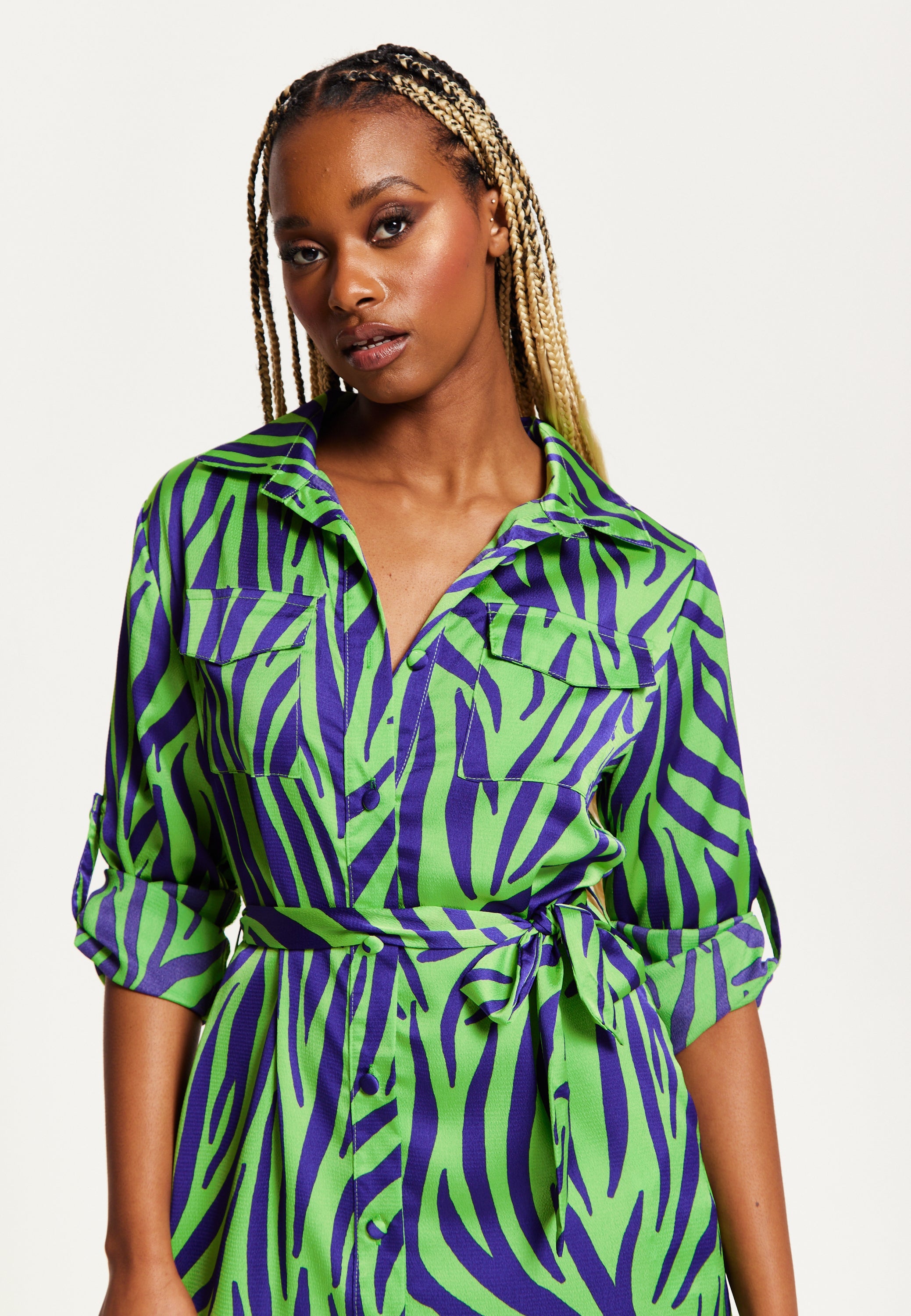 Women's Midi Dress in Mint and Blue Zebra Print with Long Sleeves - Stylish Elegance by Liquorish