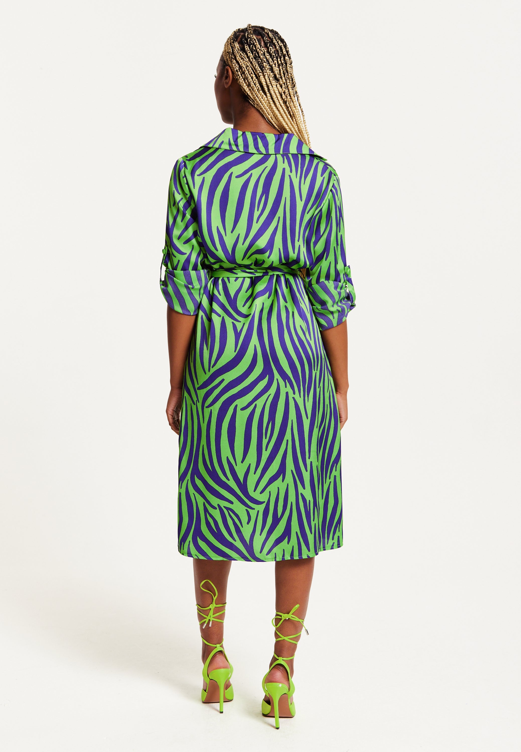 Women's Midi Dress in Mint and Blue Zebra Print with Long Sleeves - Stylish Elegance by Liquorish