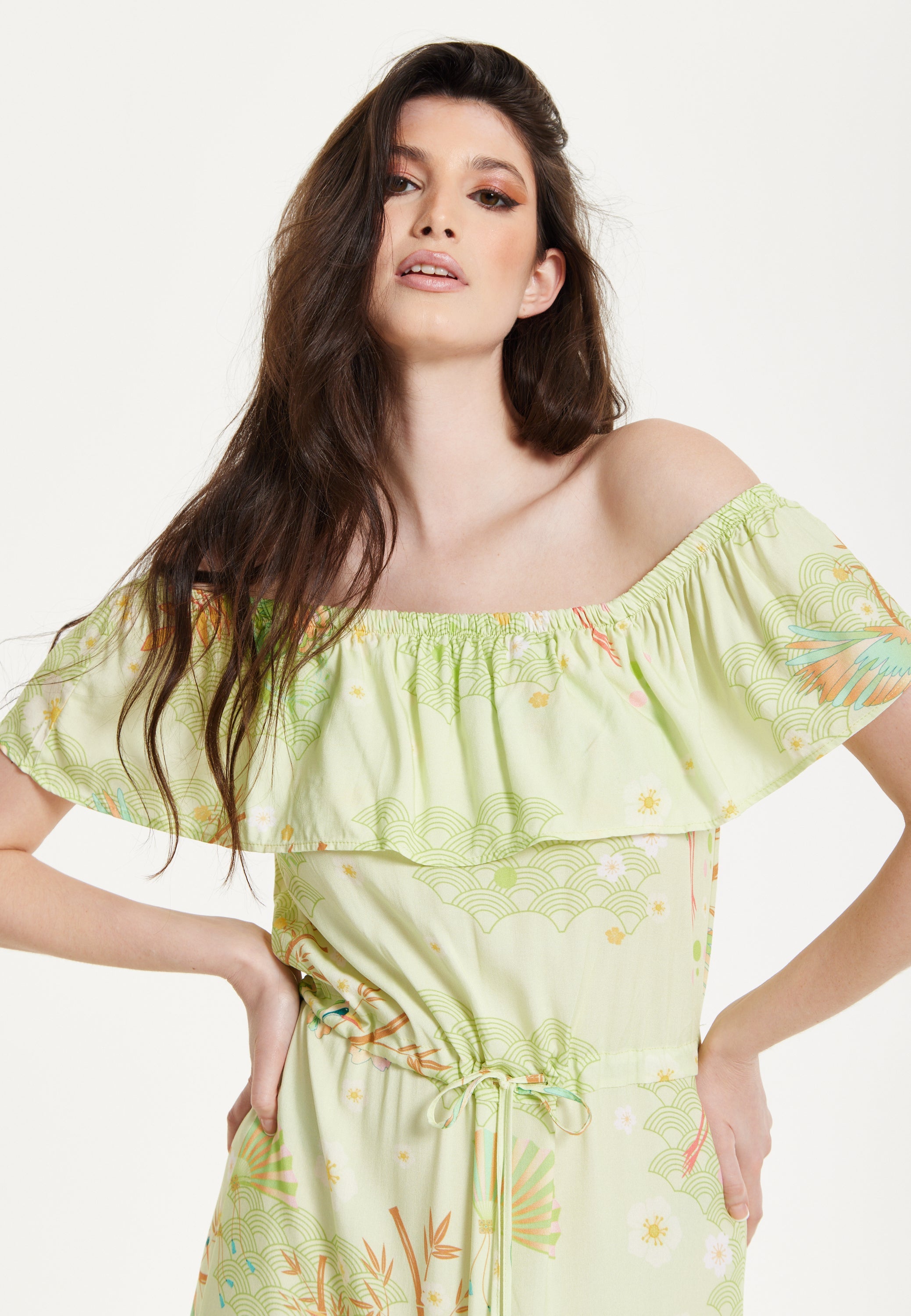 Green Floral Off Shoulder Maxi Dress