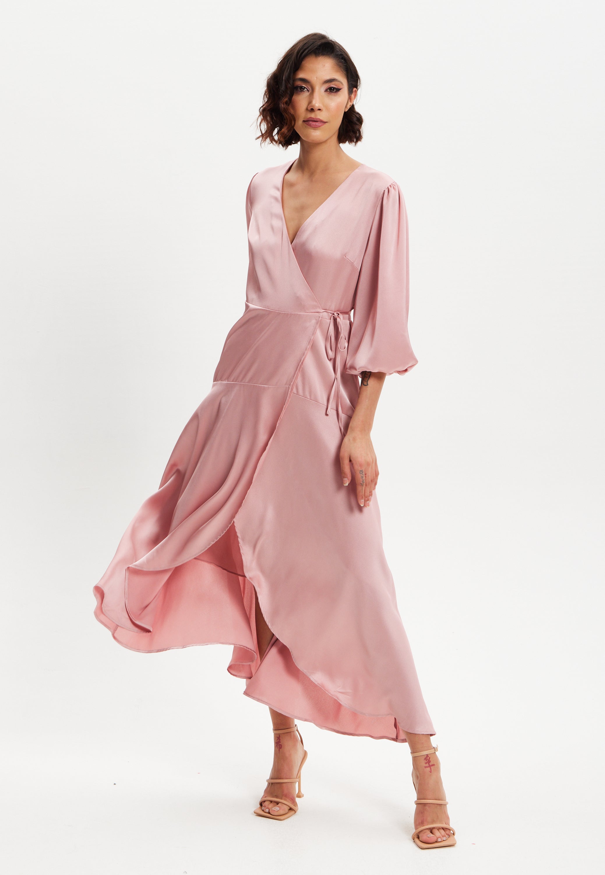 Women's Midi Dress in Pink with Short Puff Sleeves - Elegant Wrap Design by Liquorish