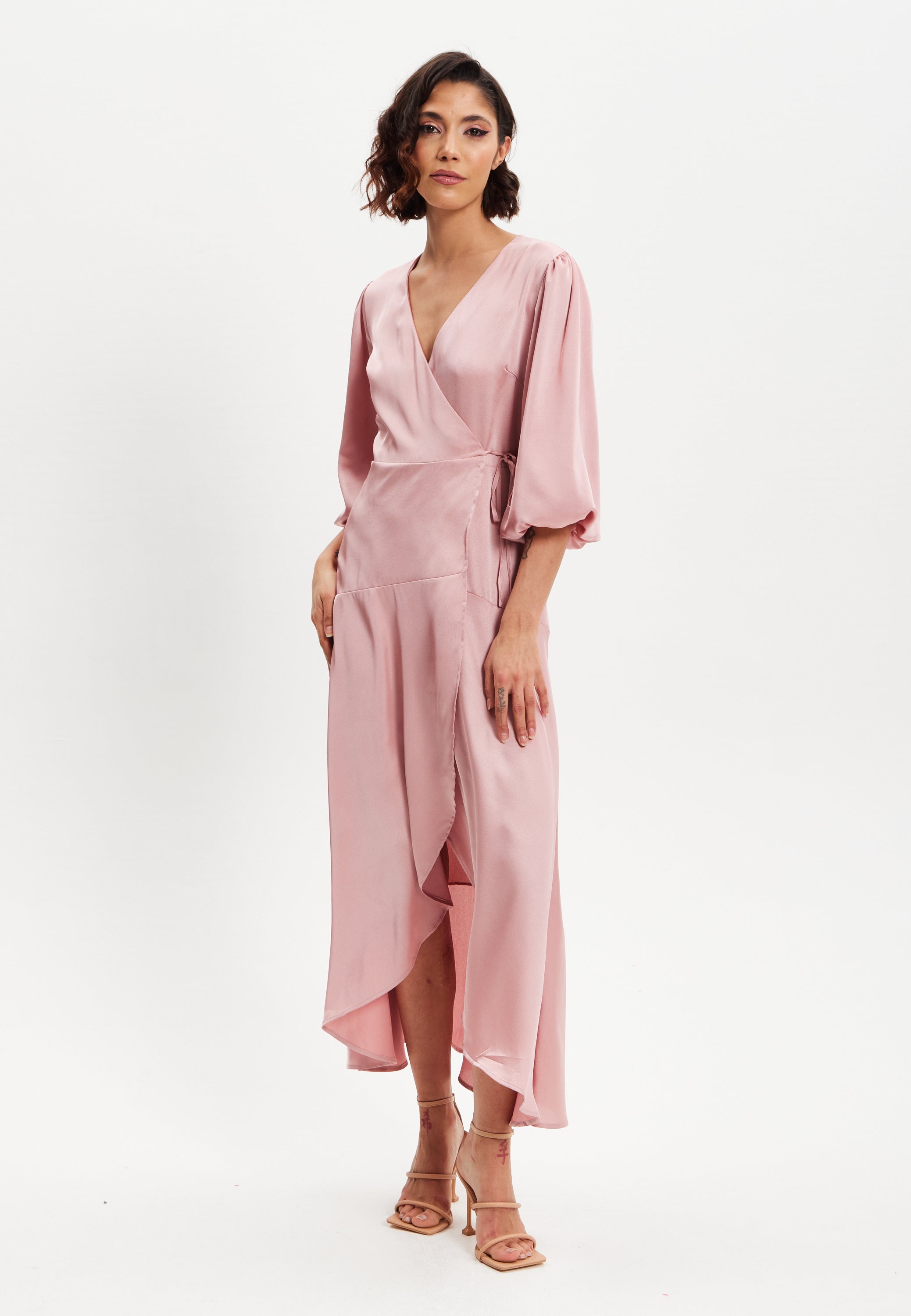 Women's Midi Dress in Pink with Short Puff Sleeves - Elegant Wrap Design by Liquorish