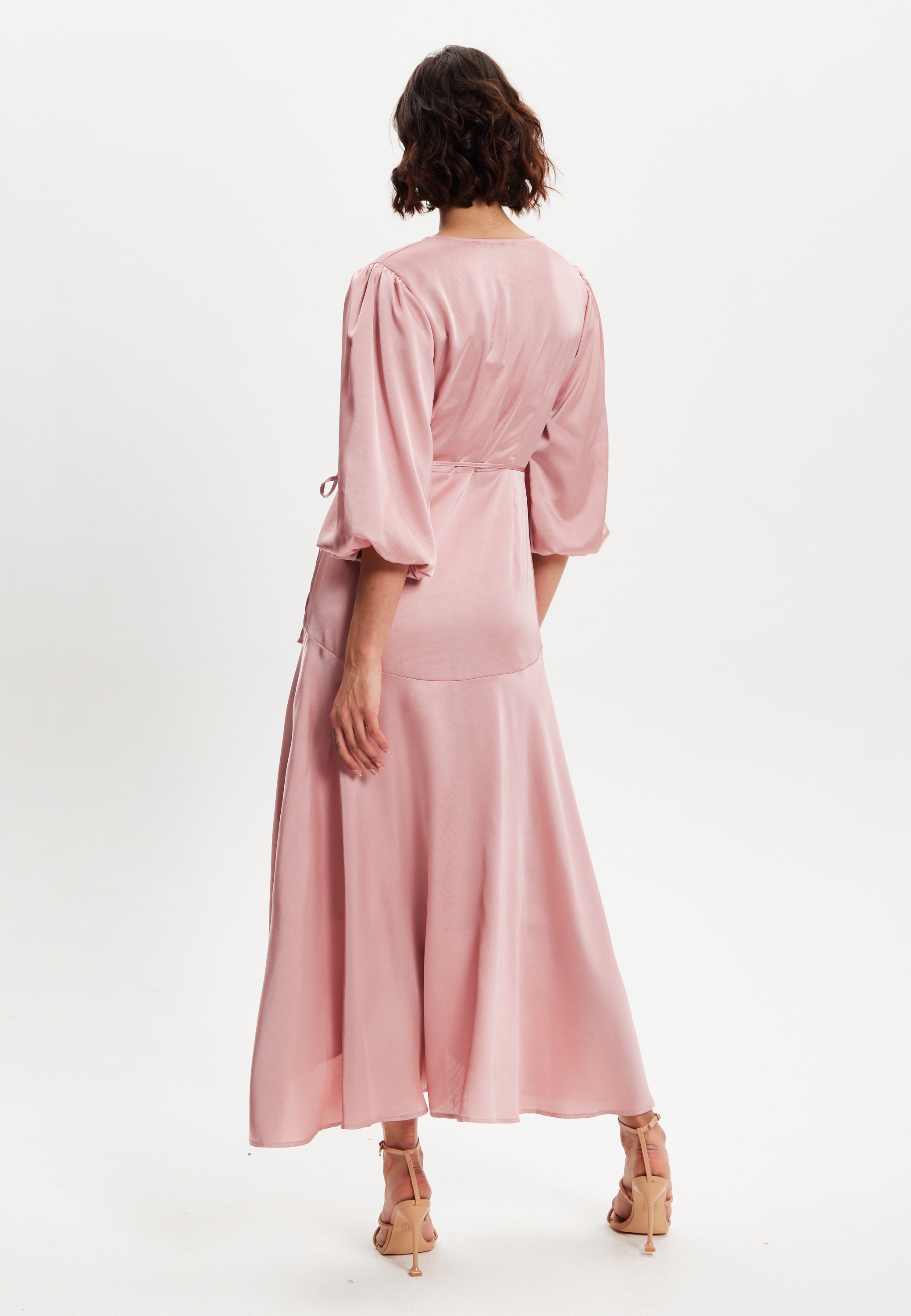 Women's Midi Dress in Pink with Short Puff Sleeves - Elegant Wrap Design by Liquorish