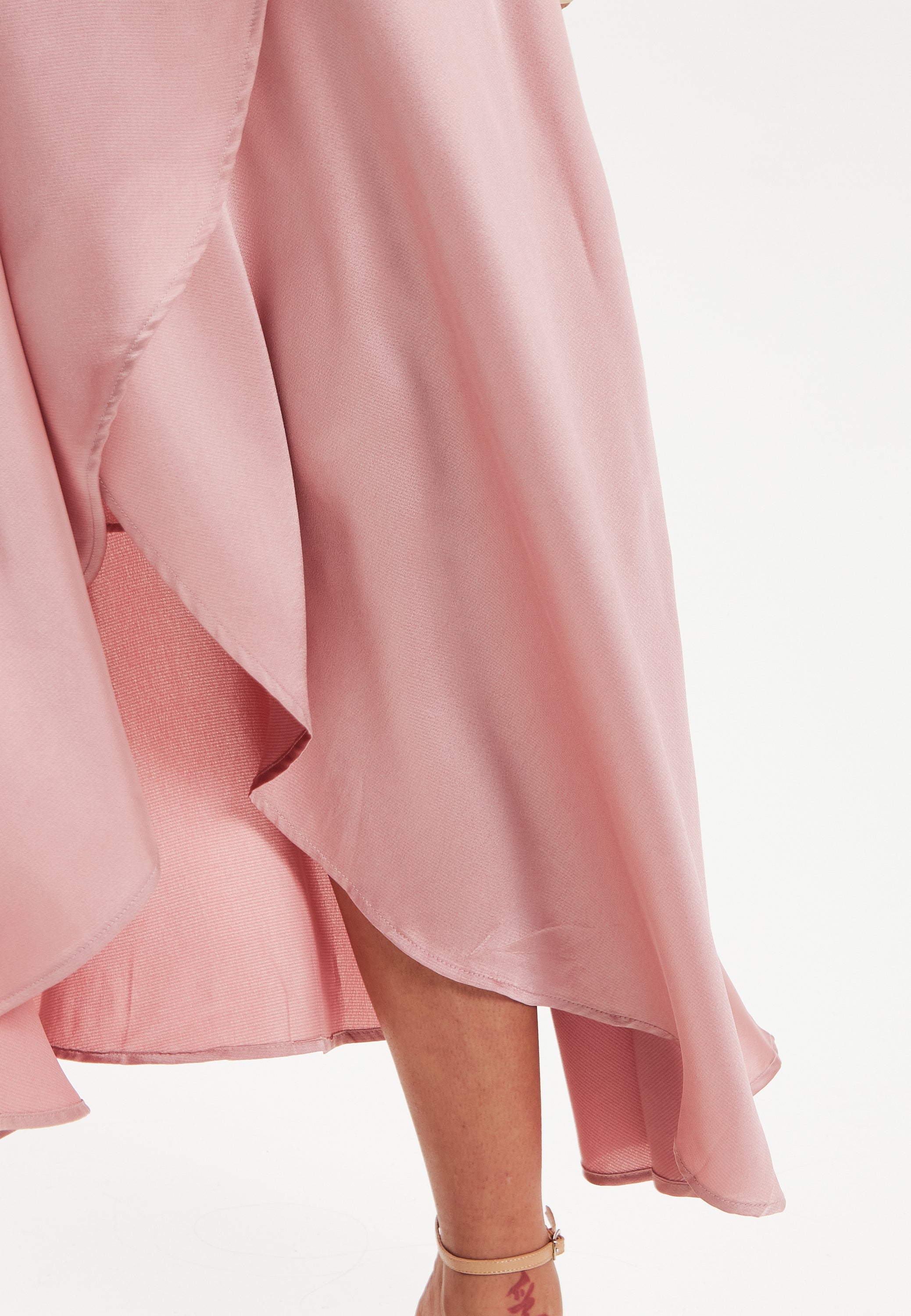 Women's Midi Dress in Pink with Short Puff Sleeves - Elegant Wrap Design by Liquorish