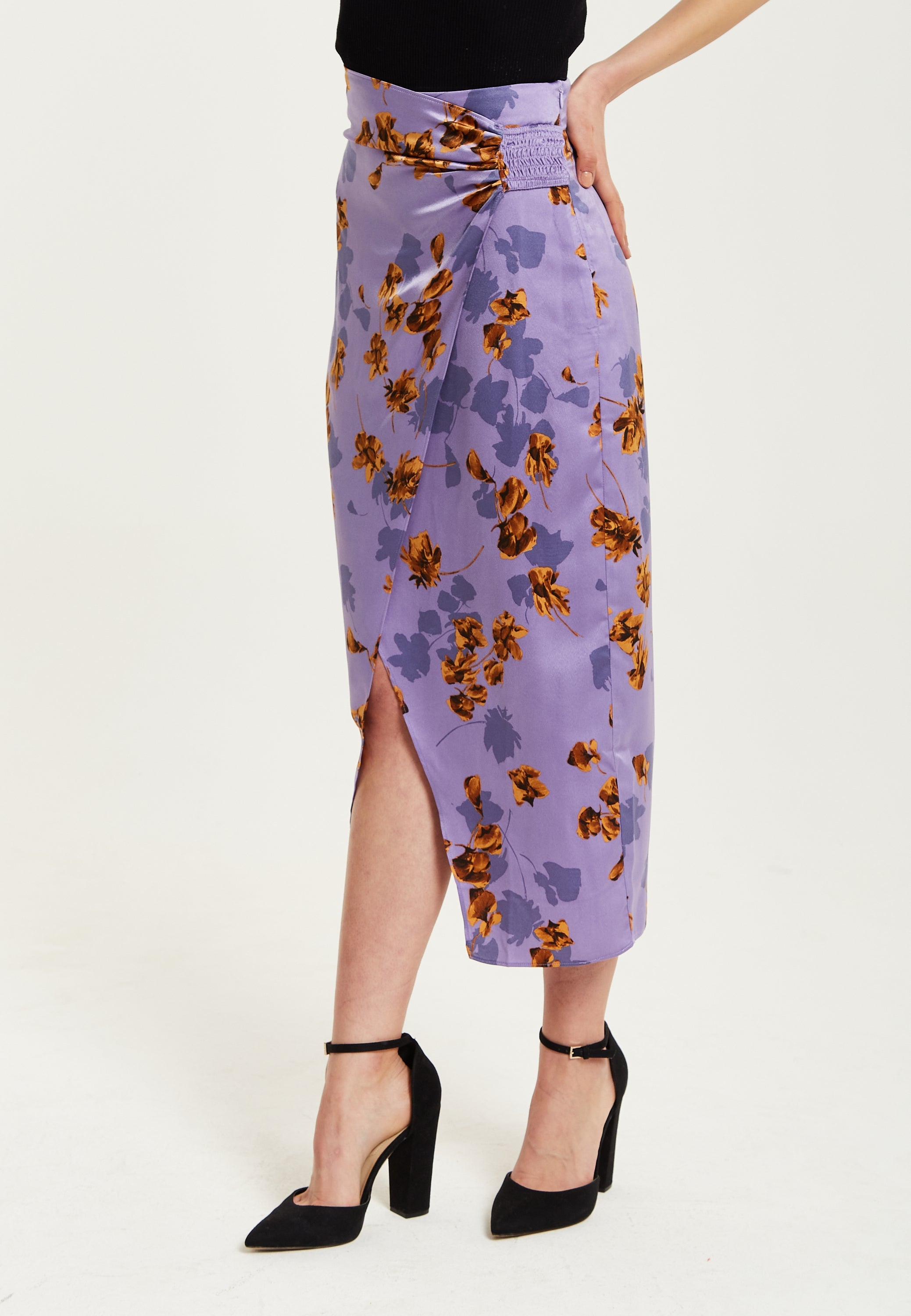 Women's Purple Floral Midi Skirt with Ruching Detail and Front Slit, Regular Fit, by Liquorish