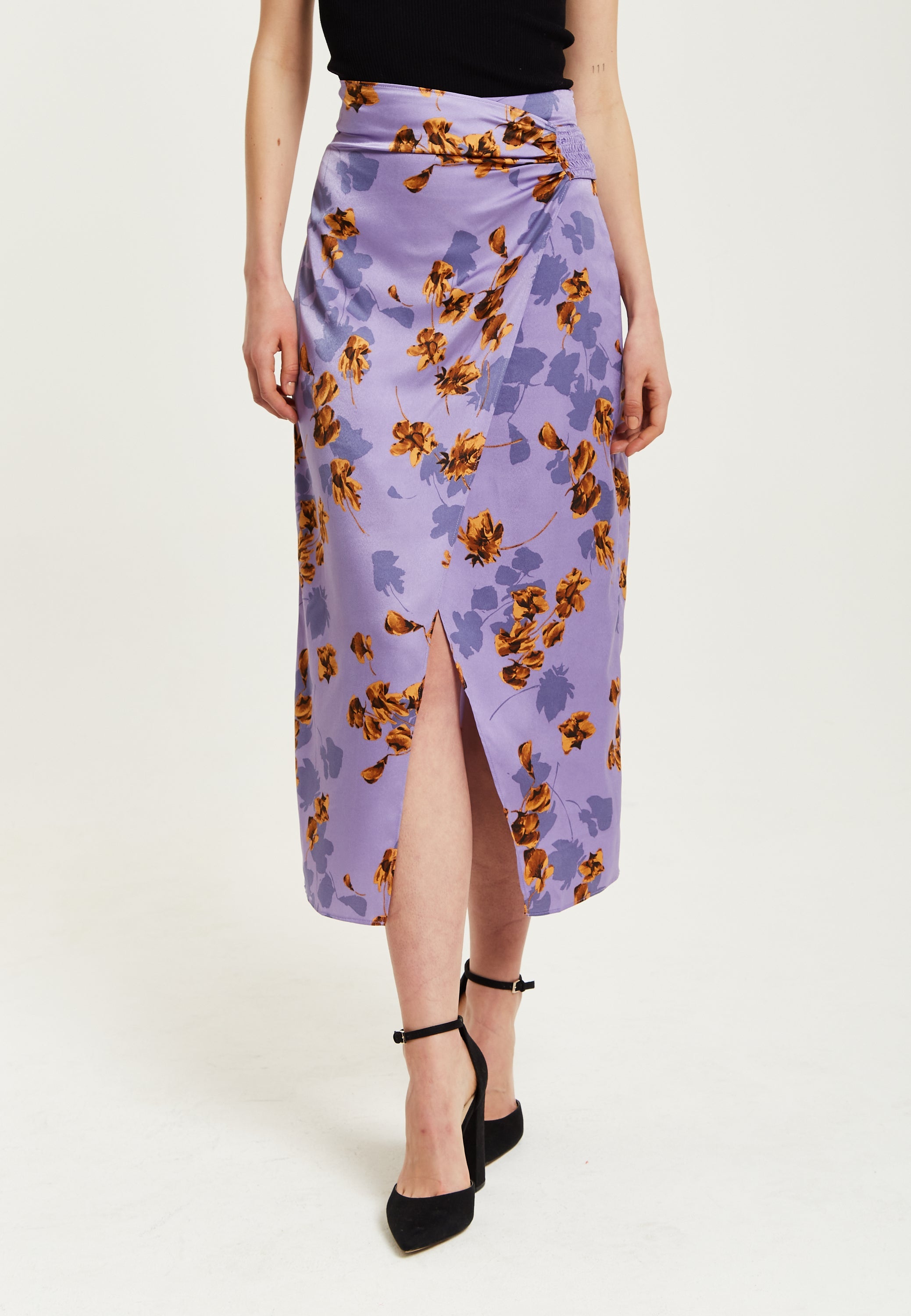 Women's Purple Floral Midi Skirt with Ruching Detail and Front Slit, Regular Fit, by Liquorish